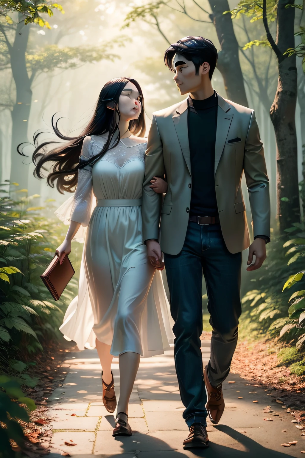 In a mysterious and tranquil forest,Dense green leaves cover the entire ground,Sunlight shines through the treetops,Creates a colorful light and shadow。The breeze blows through,The leaves make a soft rustling sound,It gives a warm and peaceful feeling。
A young man wears a light blue shirt,Jeans and brown boots,His handsome face was filled with confidence and tolerance。His short hair was neatly combed,It reveals a hint of youth and vitality。He was holding a book in his hand,Read intently,Occasionally look up and gaze at the surrounding scenery,Enjoy the wonders of nature。
A young woman wears a pink dress and white canvas shoes,Lightly stepping on finely crushed dead leaves,Her goose-egg face was filled with tenderness and purity。Her long black hair fluttered in the breeze,It gives off a faint floral fragrance。She held a pink rose in her hand,Look up at the blue sky,It shows a love and longing for life。
They meet in the middle of a winding path,Eye contact with each other,Souls also seem to attract each other。The man gently put down the book in his hand,Smiling and walking towards the woman,The woman also smiled sweetly。They walk together,Explore this mysterious forest together,Hand in hand,Enjoy each other's company。
They stop occasionally,Listen to the birds singing,Feel the charm of nature。They strolled along the creek,The water is rippling,Reflecting the silhouette of two young people。They are bathed in golden sunlight,Kissing,Sharing each other's dreams and hopes。
As night falls,Dotted with stars dotted in the dark sky,They found a meadow,Lie down and gaze up at the stars。They share each other's stories and feelings,A warm atmosphere pervades the surroundings。They hugged each other tightly,It was as if this forest had become a testimony to their love。
In this beautiful forest,Their walk is like a picture,Full of romance and happiness。Their love thrives in the embrace of nature,Eternally engraved by the years in this magical forest。