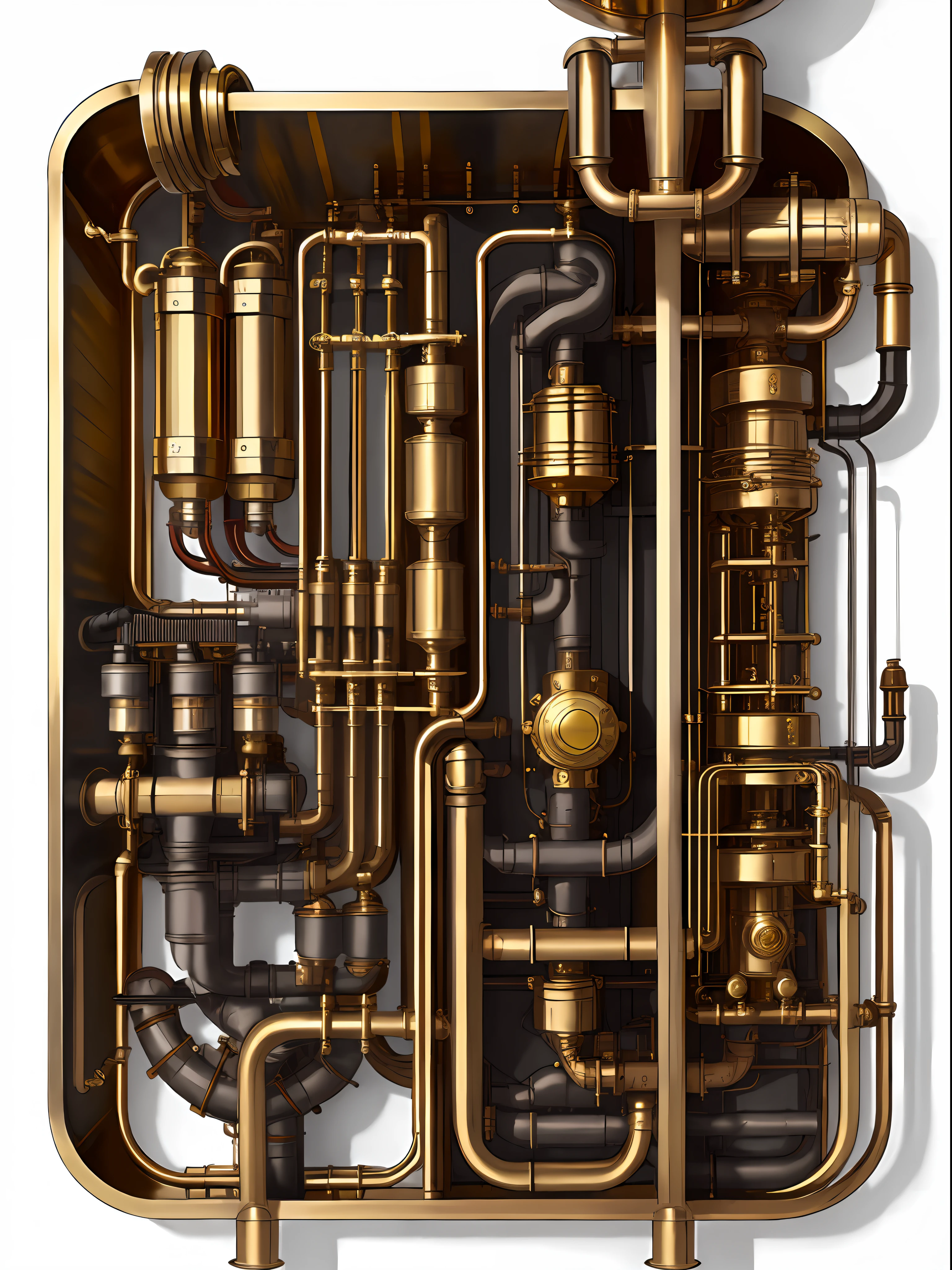 school bus、steampunc、from side view、brass、steel、Great photos of pipes、White background