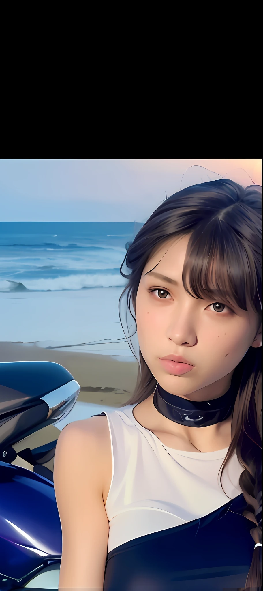 Woman straddling a motorcycle、Vast expanses of land、ln the forest、naturey、the setting sun、white t-shirts、denim