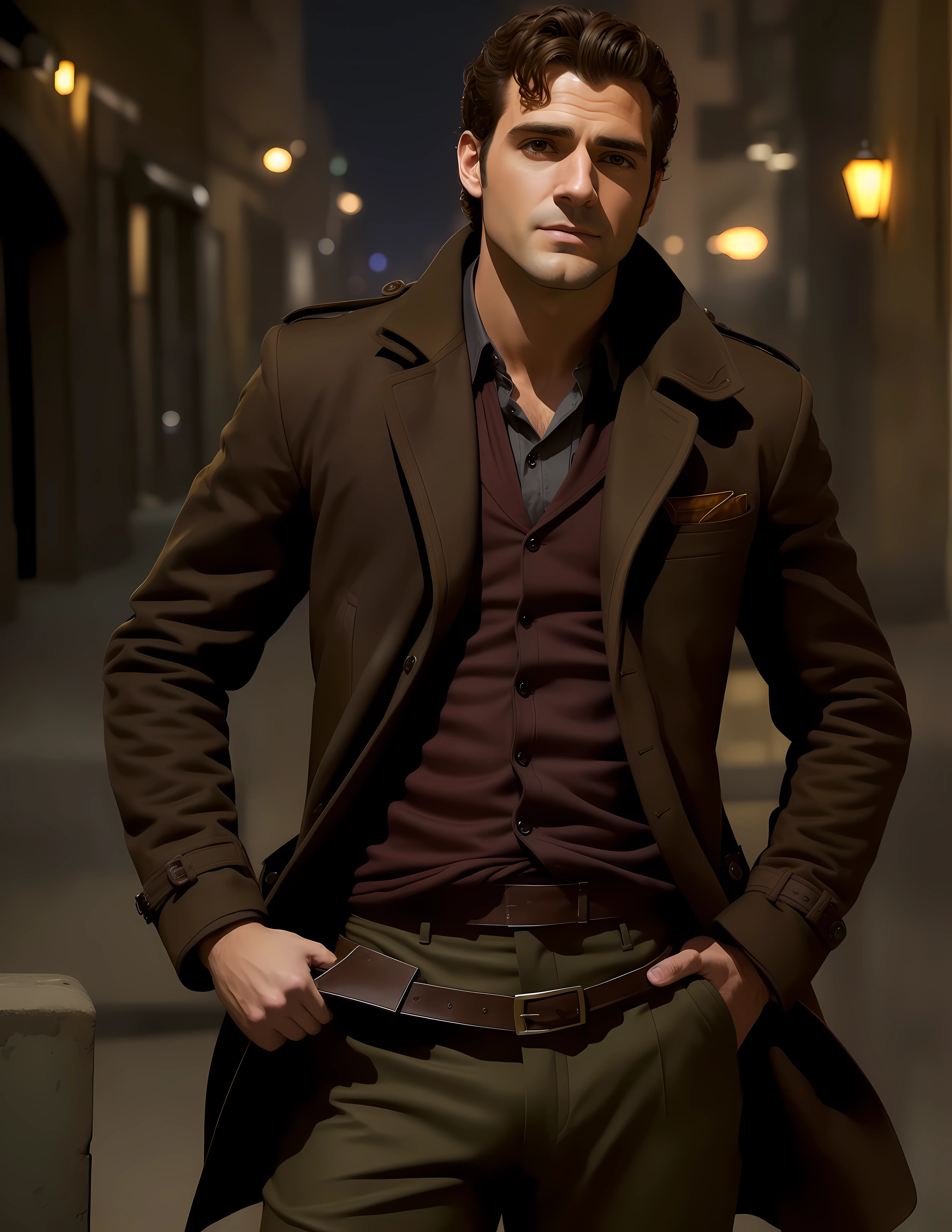 arafed man in a brown jacket and brown pants standing in a dark alley, handsome man, matte painting portrait shot, mid shot portrait, attractive and good looking, very handsome, handsome male, attractive man, handsome and attractive, beautiful young man, cinematic outfit photo, he is wearing a trenchcoat, promotional still, high res, henry cavill!!!, promo still