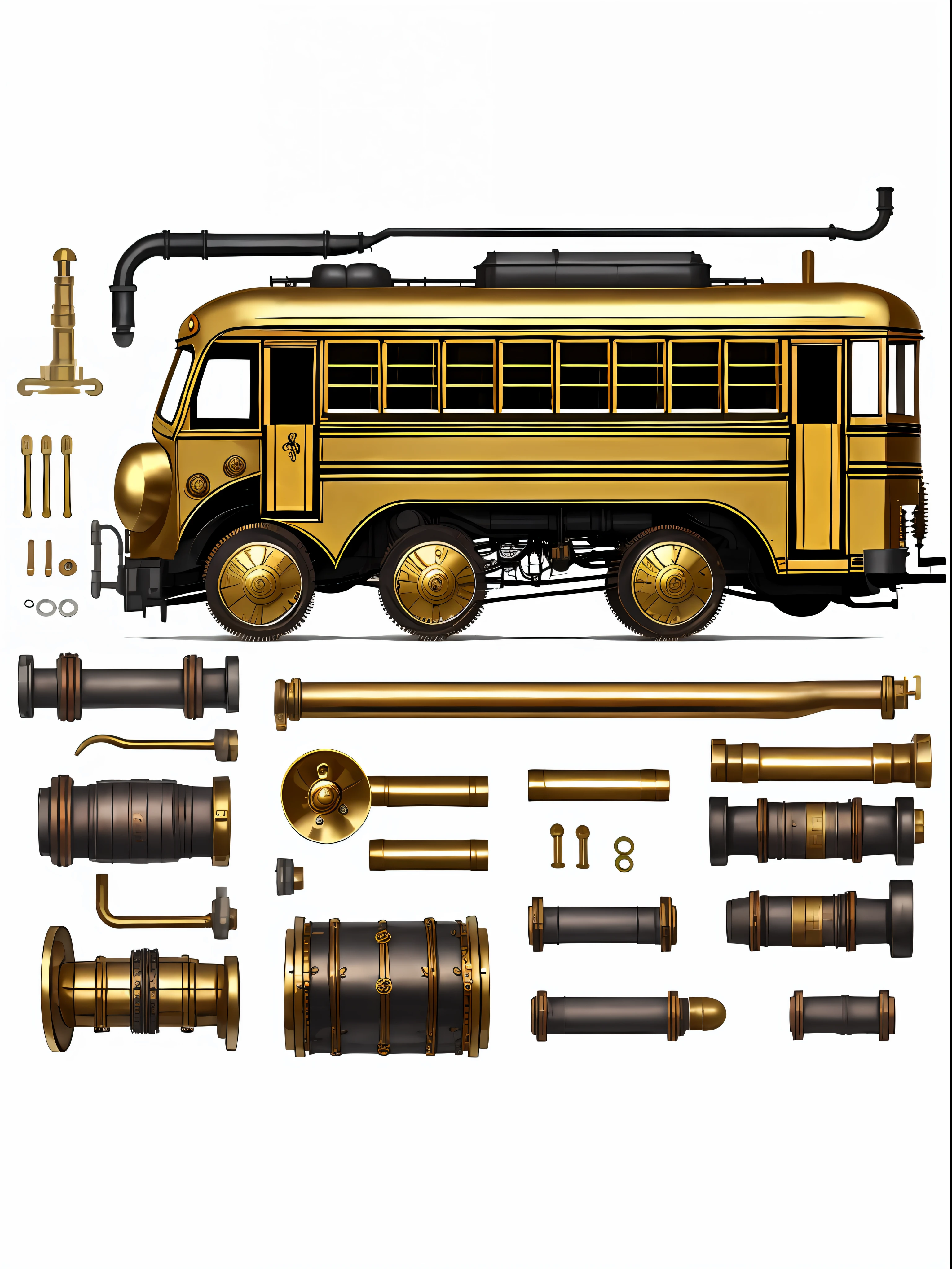 school bus、steampunc、from side view、brass、steel、Great photos of pipes、White background