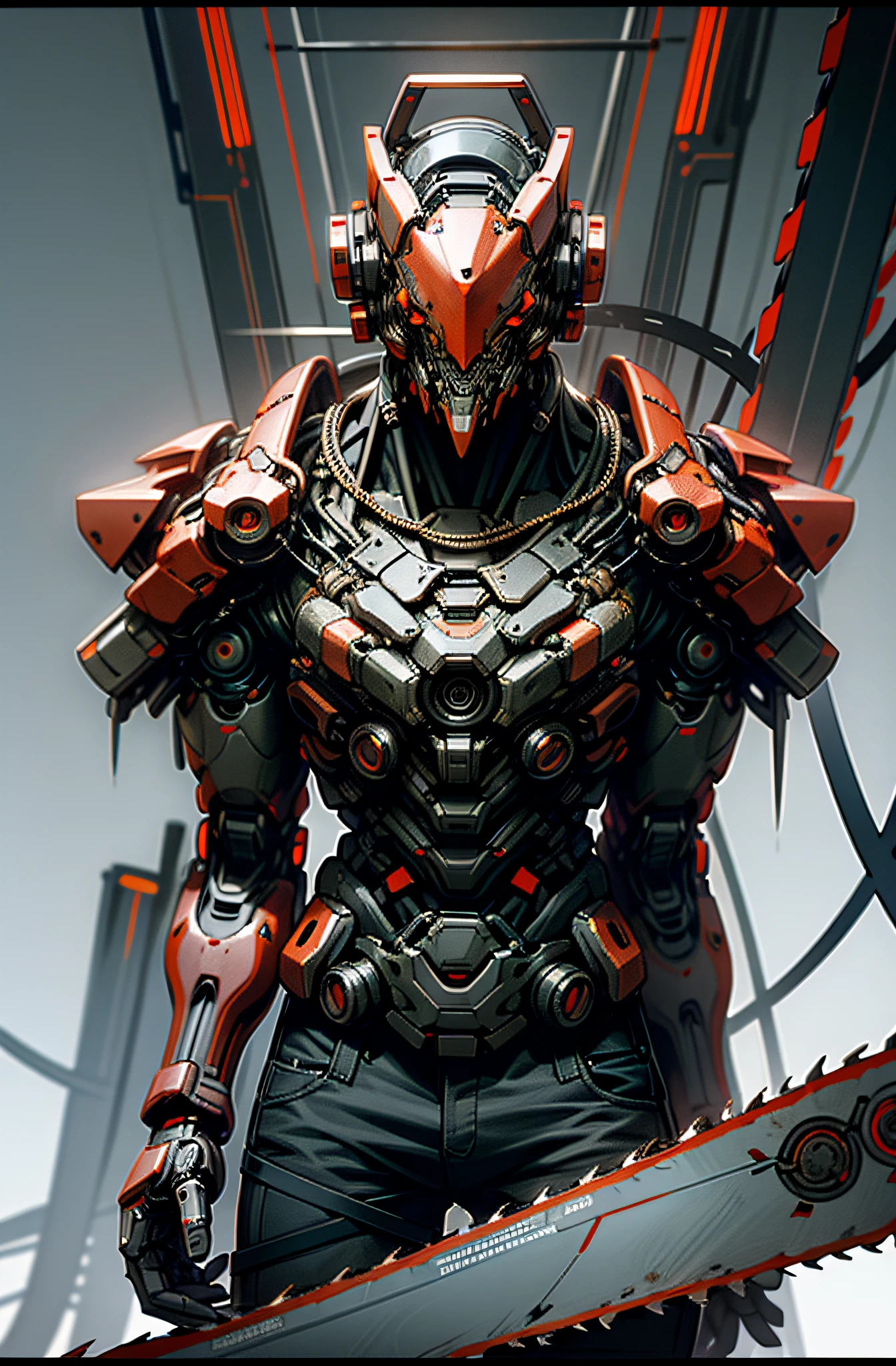 Dark_Fantasy,Cyberpunk,(chain saw,chain saw man,Red:1.1),1man,Mechanical marvel,Robotic presence,Cybernetic guardian,