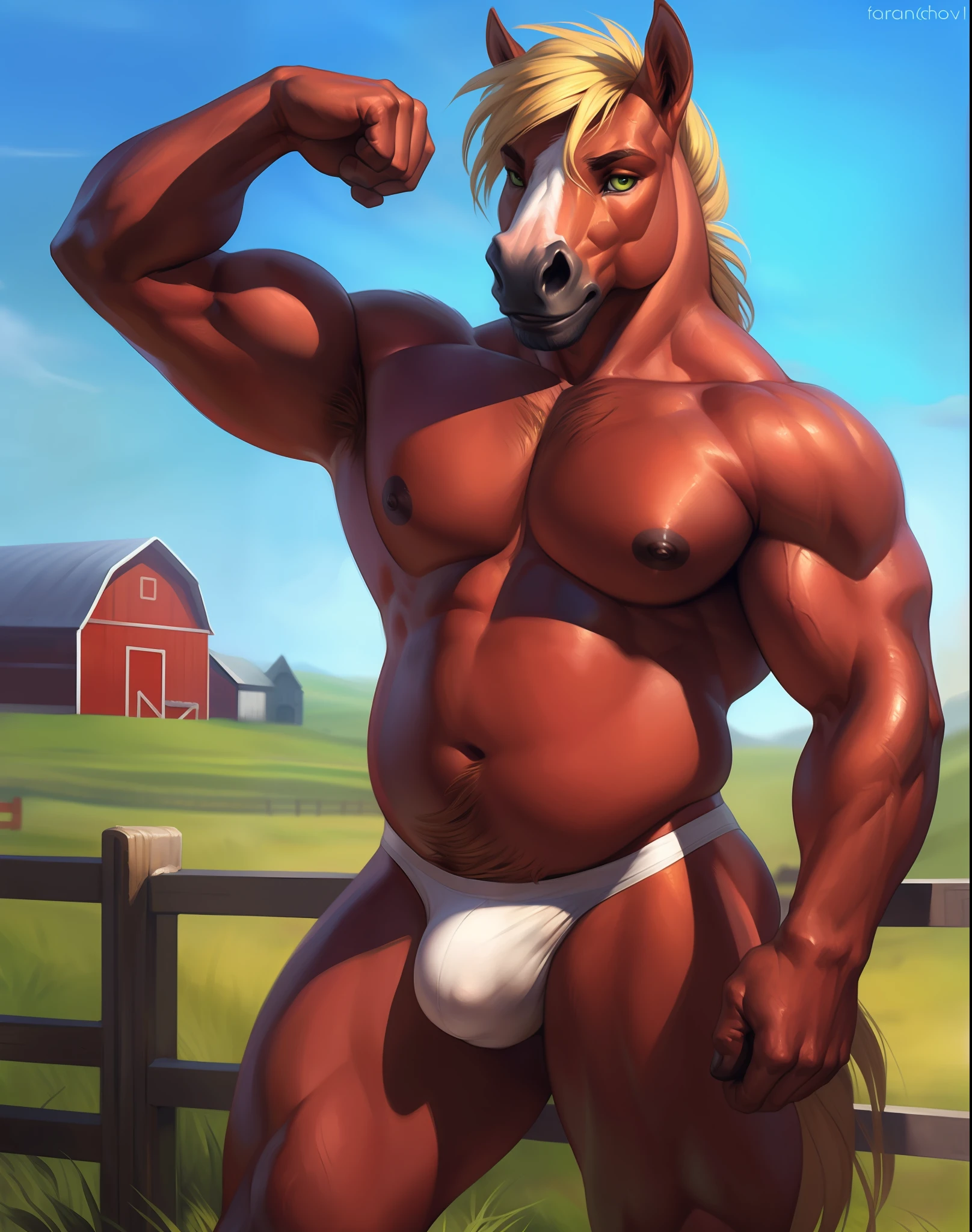 by personalami, by honovy, by thebigslick, by taran fiddler, by pixelsketcher, male, solo, anthro (horse), adult, photorealistic, hyperrealistic, ultradetailed, natural pose, (muscular:1.2), ((standing)), ((white underwear, white thong)), (detailed eyes:1.2), (large pecs:1.3), (nips:1.2), (bulge:1.2), front view, flexing, (farm background), ((Big Macintosh)), (blonde mane, red body), green irises, (slightly chubby)