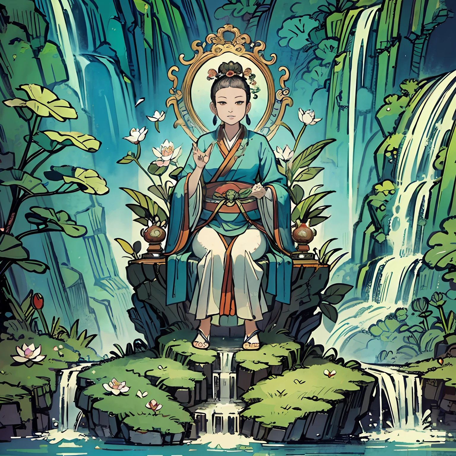 Oriental dragon,Guanyin sits on a lotus throne, Guanyin Bodhisattva, Avalokitesvara, Chinese temples scattered in the forest not far away, The waterfall pours into the lake or stream in the background, Briante mountains and small lake in the background, lotus flowers in the foreground, Clear fingers, Clear and distinctive toes, Clear and vivid facial features,jewelry, leafs,one tiger