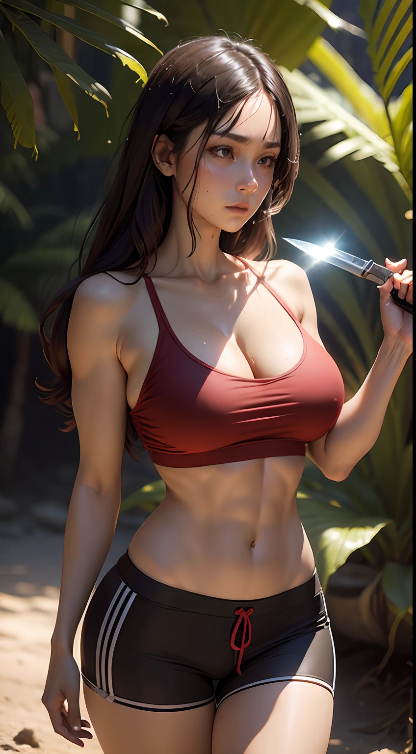 1girll,Determined gaze,Extremely detailed picture quality,Movie lighting,(Best Masterpiece),(Photography Award),(8k wallpaper),Extremely detailed and perfect body anatomy,Very detailed and perfect facial depiction,(Delicate skin:1.8),(ass big:1.8);(Full breasts:1.8),(obvious muscle lines:1.5),(Red and black shorts:1.8),(Complete hands),(Holding a large knife in his hand),Thighs exposed,Upper chest exposed,Sweat soaks the body,(tropical jungle:2.0),(Dense jungle),(oases),(giant and wet trees),(CG), (Unreal Engine5), (Thriller cinematic effects),The setting sun shines obliquely,Full body appearance,Ultra photo realsisim