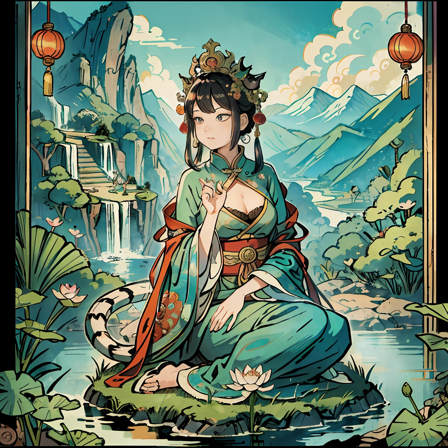 Oriental dragon，Guanyin sits on a lotus throne, Guanyin Bodhisattva, Avalokitesvara, Chinese temples scattered in the forest not far away, The waterfall pours into the lake or stream in the background, Briante mountains and small lake in the background, lotus flowers in the foreground, Clear fingers, Clear and distinctive toes, Clear and vivid facial features,jewelry, leafs,one tiger