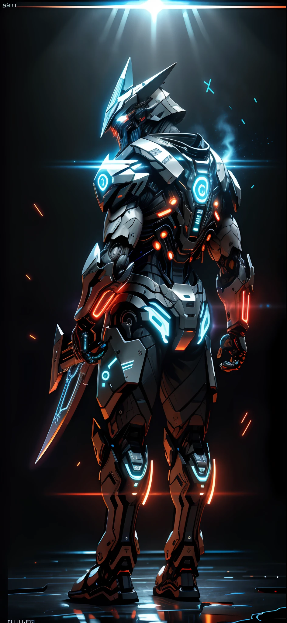 realistic,shiny,reflective,bioluminic, galactic cybernetic mask,mecha,(executioner:1.2),cloak,sh4g0d,GlowingRunes_red,fullbody,cinemnatic,dark background,backlight,high contrast,