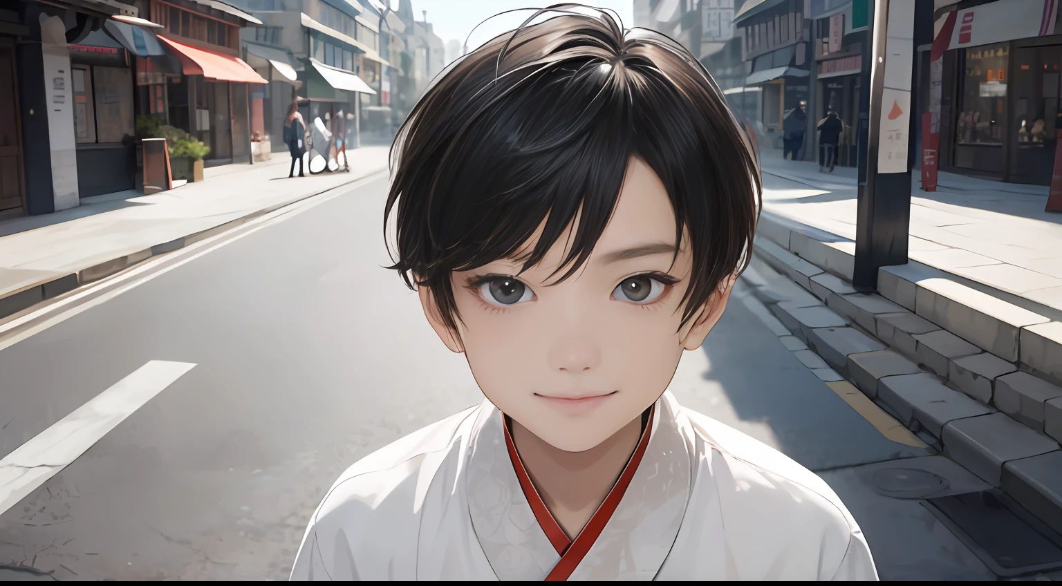 High- sharpness,ultra - detailed,texture detail,Presented clearly,high definition detail,Detailed representation,The details are down to the smallest detail,The face is clear,Accurate restore,Clear eyeballs,handpainted,Simple lines,(1boy:1.5), One wears a white Hanfu(10 year old boy:1.5),On the streets of ancient Chinese architecture,(On the run:1.3),tmasterpiece,um dia ensolarado,(With a smile on your face1.3),looks into camera,wide wide shot,