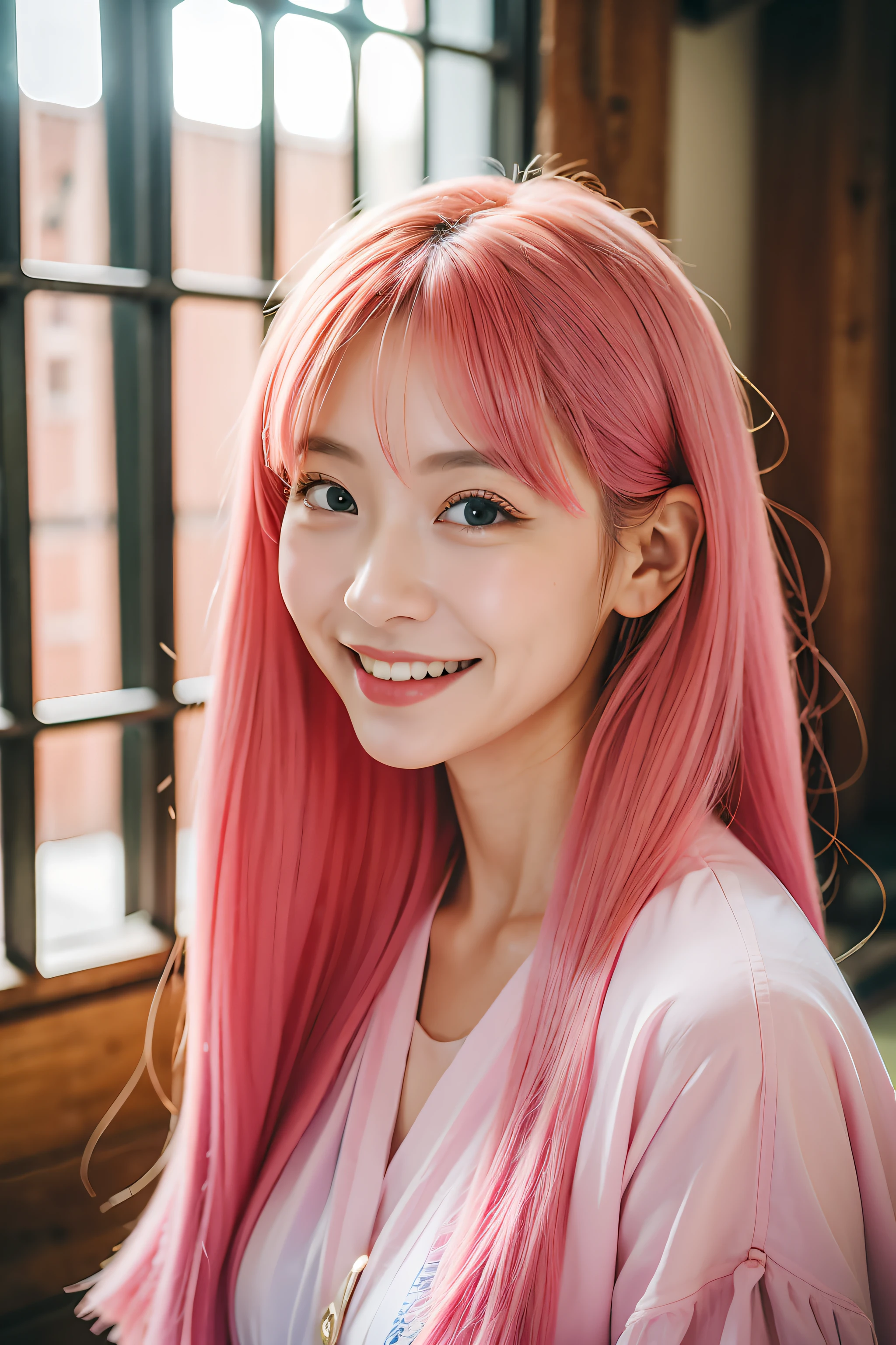 ancient buildings of China,In an old building, a woman posing for a picture, lalisa manobal,sakimichan, Portrait shooting, Anime girl in real life, Pastel portrait shot 8K, A detailed eye,Natural hair,Noble,Look sideways,ssmile,having fun,A pink-haired