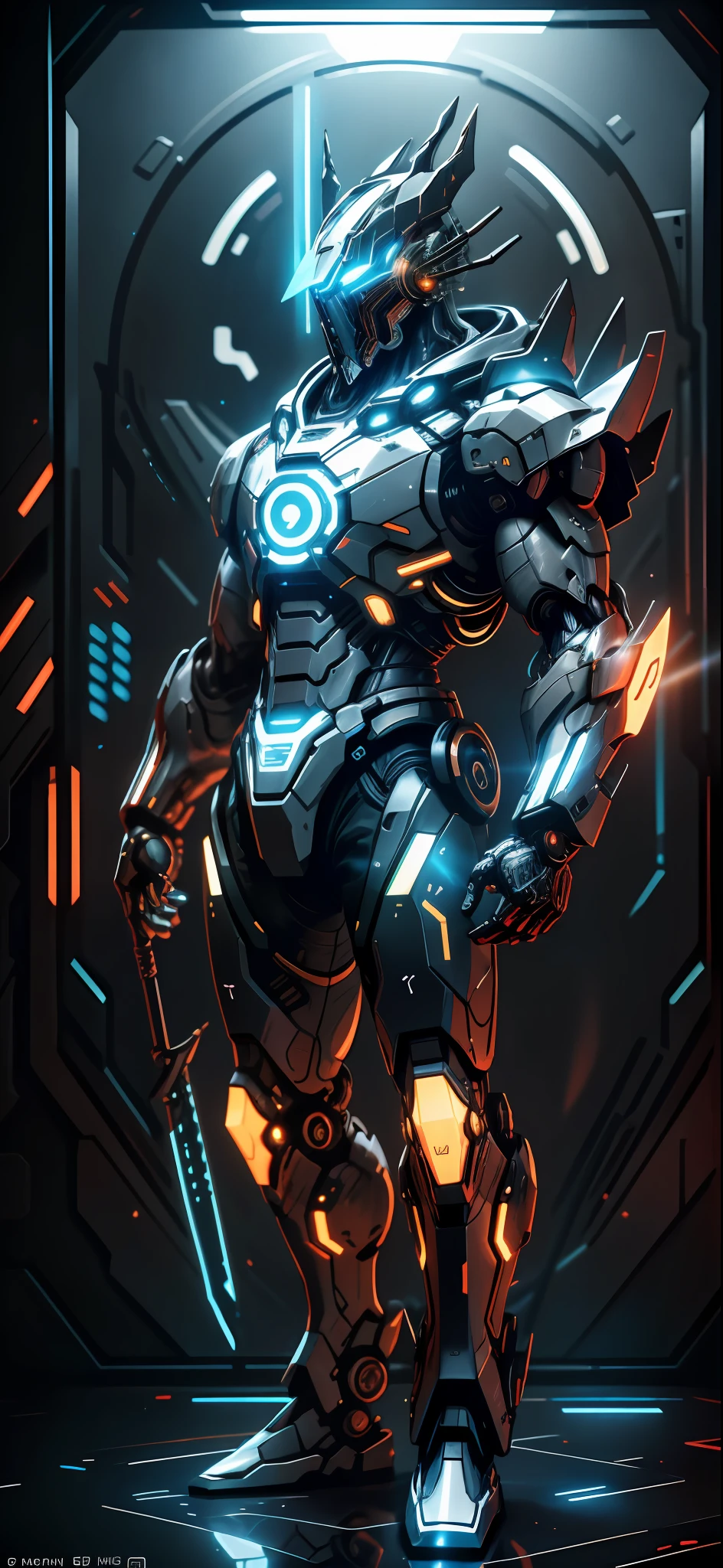 realistic,shiny,reflective,bioluminic, galactic cybernetic mask,mecha,(executioner:1.2),cloak,sh4g0d,GlowingRunes_red,fullbody,cinemnatic,dark background,backlight,high contrast,