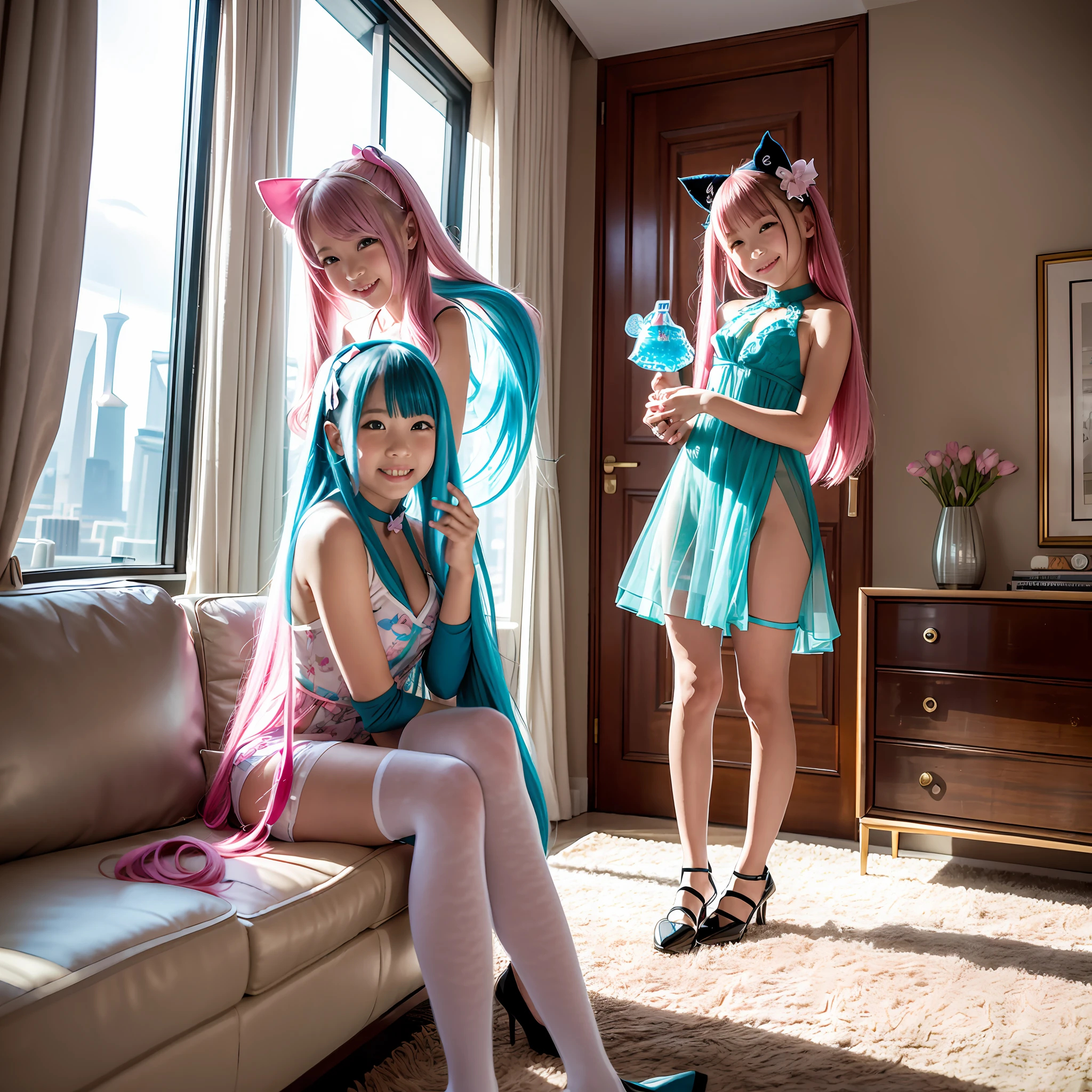 Floor-to-ceiling windows in the living room on the 180th floor of the Shanghai Tower door,Pouting and smiling,Two s in openwork translucent stockings holding toys,Pout,Pink double-tailed hair and cyan eyes,Anime little girl costume