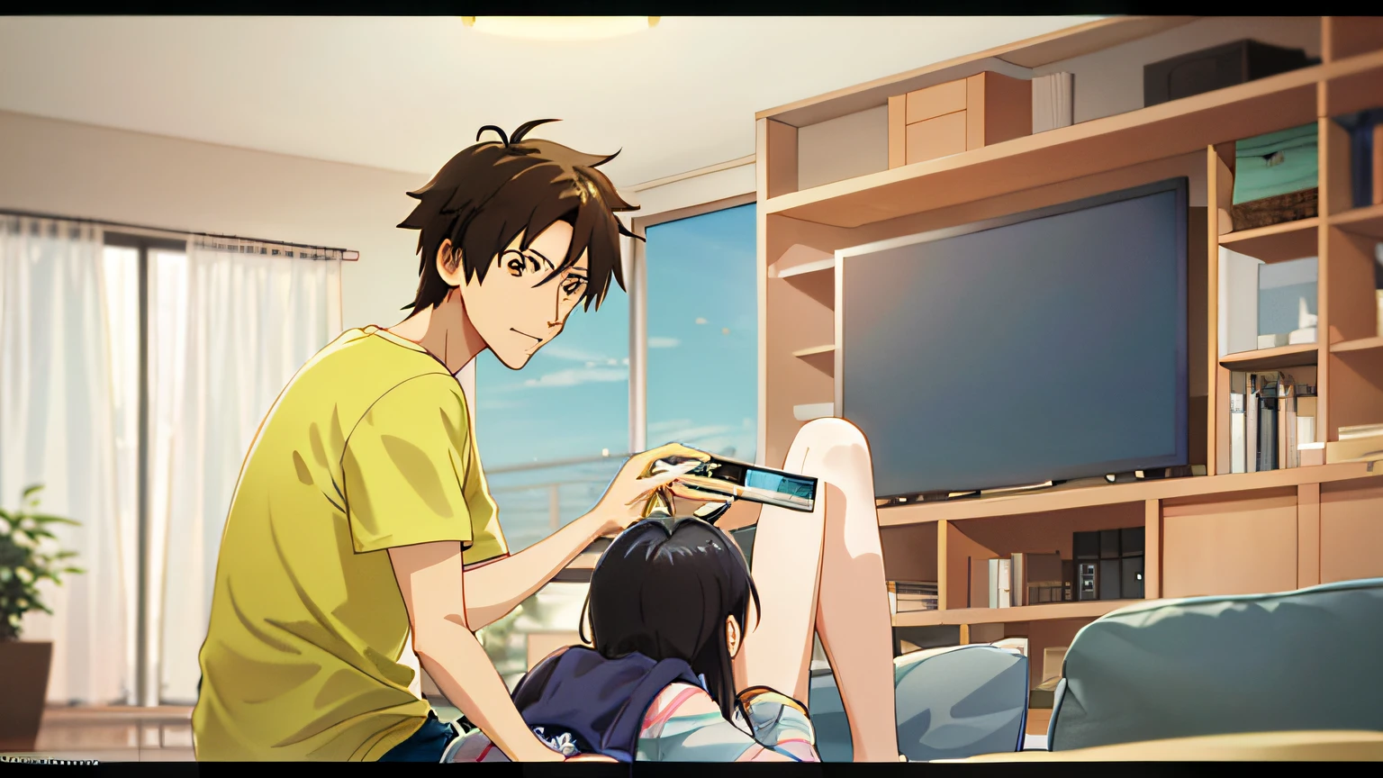 Anime scene of a family watching TV in the living room, ( ( Makoto Shinkai ) ), makoto shinkai movie, Makoto Shinkai!, Makoto Shinkai!!, Makoto Shinkai. —h 2160, incredible anime movie scene, Shinkai sincerely, in the style of makoto shinkai, Makoto Shinkai's style