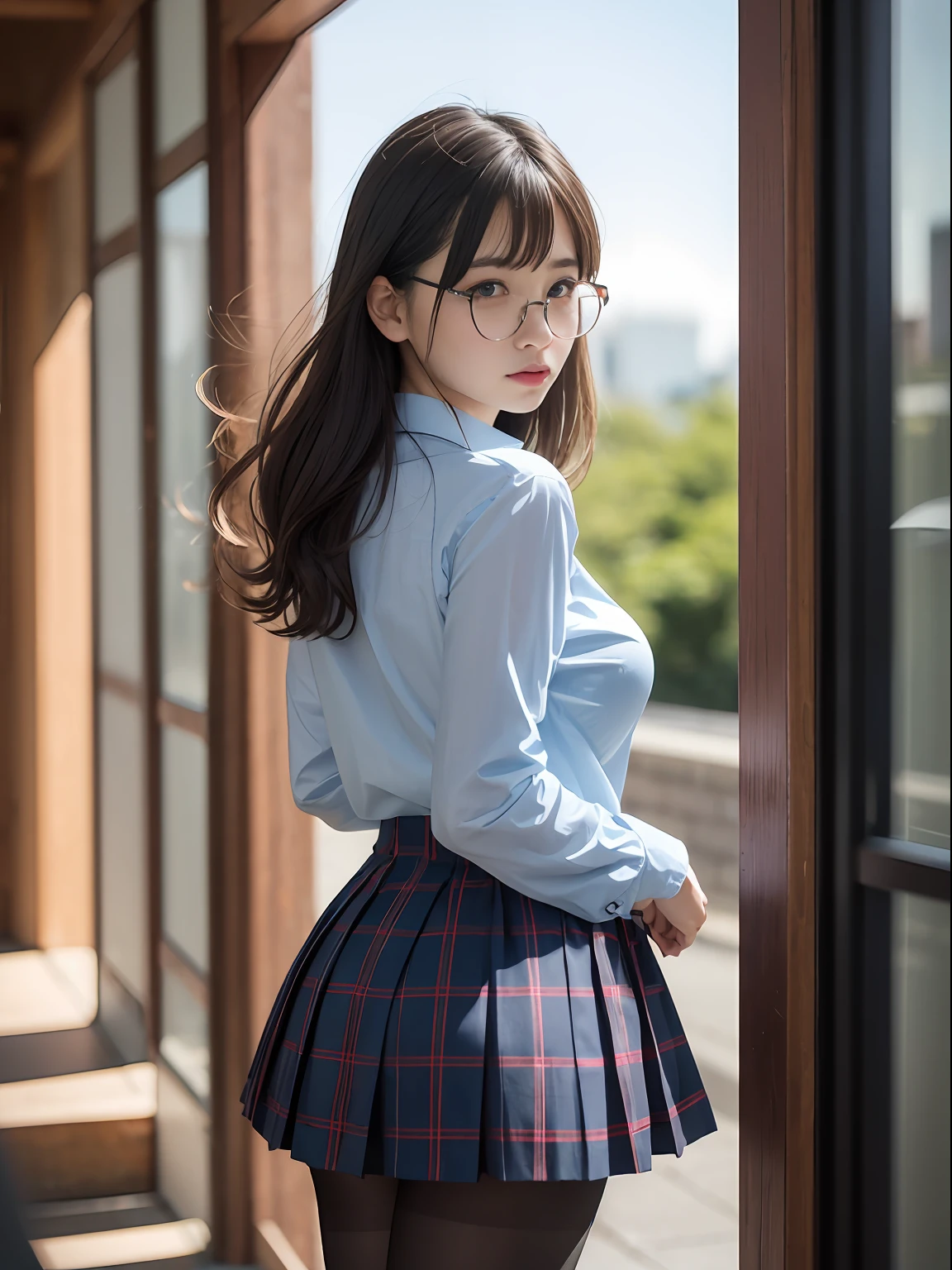 (8K、Raw photography、top-quality、masterpiece:1.2),big butts,Bullish,Muchimuchi,Erotic,Pupils,Light Blue Bra,de pele branca,kne,(Black pantyhose),absurderes,a small face,small tits,flat breast,Parting the bangs from the middle、Forehead visible,(a cold expression,Tight eyes,glares,Bullish,skinny,Rasping,irate)、masterpiece,top-quality、超A high resolution,Raw photo,ren,Beautiful fece,One Person, 独奏,eye glass,,Dark look,Small breasts,fullllbody,Round glasses、cute little、Back to Student,JK school uniform,hi-school girl,A Japanese Lady,is standing,(Photorealsitic:1.37)、Photon mapping,Realistic、Cute little face,Brown-eyed、Black socks、(Red bow tie)、Radio City、Physically Based Rendering、Foreground、depth of fields、Blurry background、a picture,The girls、Body,beauty legs, Long legs, Thin leg,shorttwintail,(Bangs are visible), hair, s lips, Blue_The eye, nosesoft,(Light blue shirt), (Navy and blue and white plaid pleated skirt), Knees are visible,Sheer clothing,, Thigh, Black cotton socks,Nogizaka Idol, 女優, Japanese ido