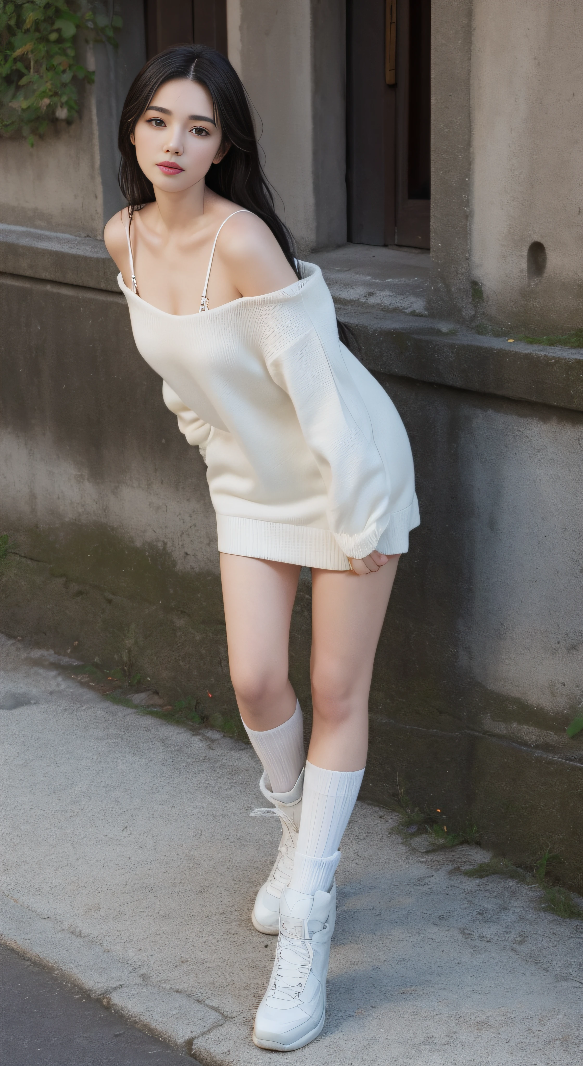 best qualtiy, Full body like,Refined face,pretty face,25 years old woman,slimfigure,Long hair over the shoulder,Shy,Smaller bust,Harnes,Milky white calf socks,Keep your legs together,Tighten the instep,Outdoor scene,Casual gestures,