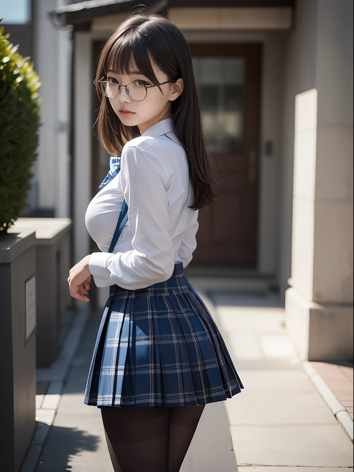 （8K、Raw photography、top-quality、​masterpiece：1.2),big butts,Bullish,Muchimuchi,Erotic,Pupils,Light Blue Bra,de pele branca,kne,(Black pantyhose),absurderes,a small face,small tits,flat breast,Parting the bangs from the middle、Forehead visible,(a cold expression,Tight eyes,glares,Bullish,skinny,Rasping,irate)、​masterpiece,top-quality、超A high resolution,Raw photo,ren,Beautiful fece,One Person, 独奏,eye glass,,Dark look,Small breasts,fullllbody,Round glasses、cute little、Back to Student,JK school uniform,hi-school girl,A Japanese Lady,is standing,（Photorealsitic：1.37）、Photon mapping,Realistic、Cute little face,Brown-eyed、Black socks、(Red bow tie)、Radio City、Physically Based Rendering、Foreground、depth of fields、Blurry background、a picture,The girls、Body,beauty legs, Long legs, Thin leg,shorttwintail,(Bangs are visible), hair, s lips, Blue_The eye, nosesoft,(Light blue shirt), (Navy and blue and white plaid pleated skirt), Knees are visible,Sheer clothing,, Thigh, Black cotton socks,Nogizaka Idol, 女優, Japanese ido