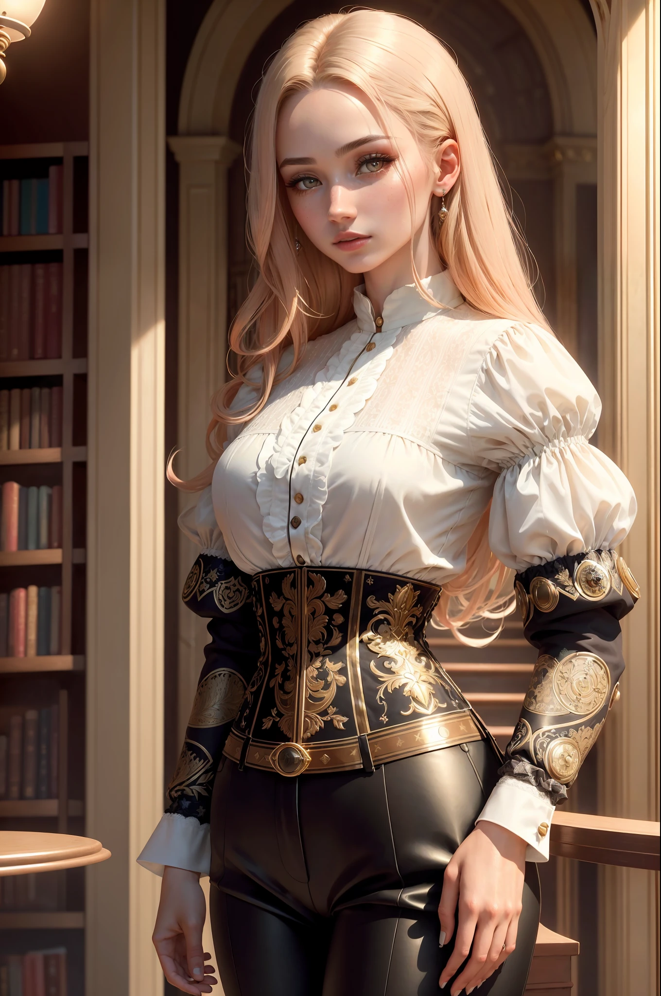 (1girl, 1person), (insanely detailed and intricate, hyperrealistic, upper body portrait), an (Elegant European (female in her Early twenties with a Petite body):1.3), (Flirty, flipped-out ends hairstyle), (natural colored eyes:1.15), (wearing Long-sleeve blouse and trousers:1.4), (Majestic library with spiral staircase:1.225), (imperfect skin, (extremely detailed skin,beauty marks:1.25)), Bloom,Bokeh, Cinematic, Film Grain, Ray Tracing Reflections, Chromatic Aberration, hypermaximalist, elegant, hyper realistic, super detailed, clean face, white skin