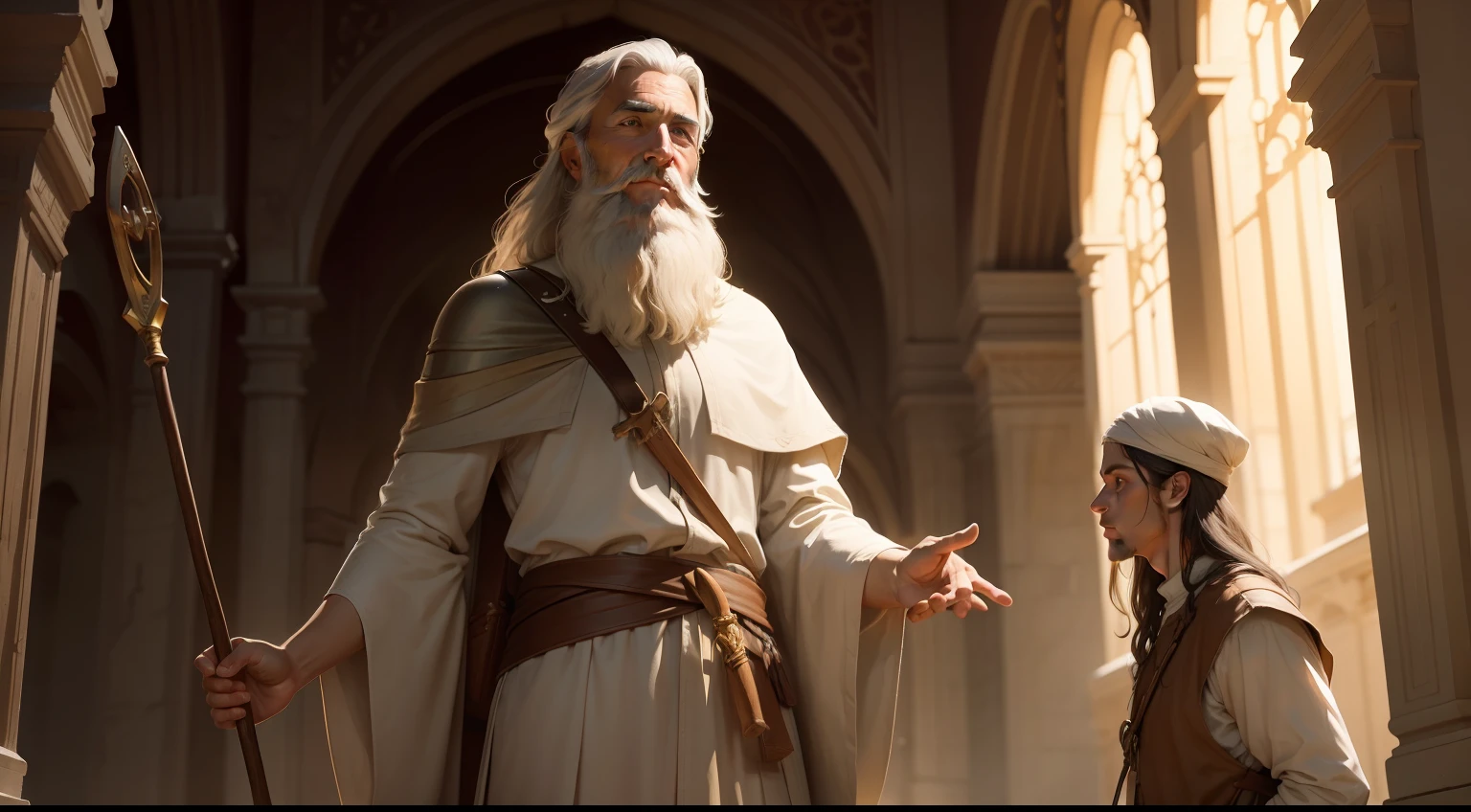 James, the younger son of Alphaeus, should be portrayed as a gentle and humble apostle. His appearance should be characterized by a friendly smile and warm eyes, symbolizing his approachable nature. He carries a walking stick, representing his role as a spiritual guide and counselor to those in need. James the Lesser wears simple, earth-toned clothing, embodying his humility and devotion to Christ.