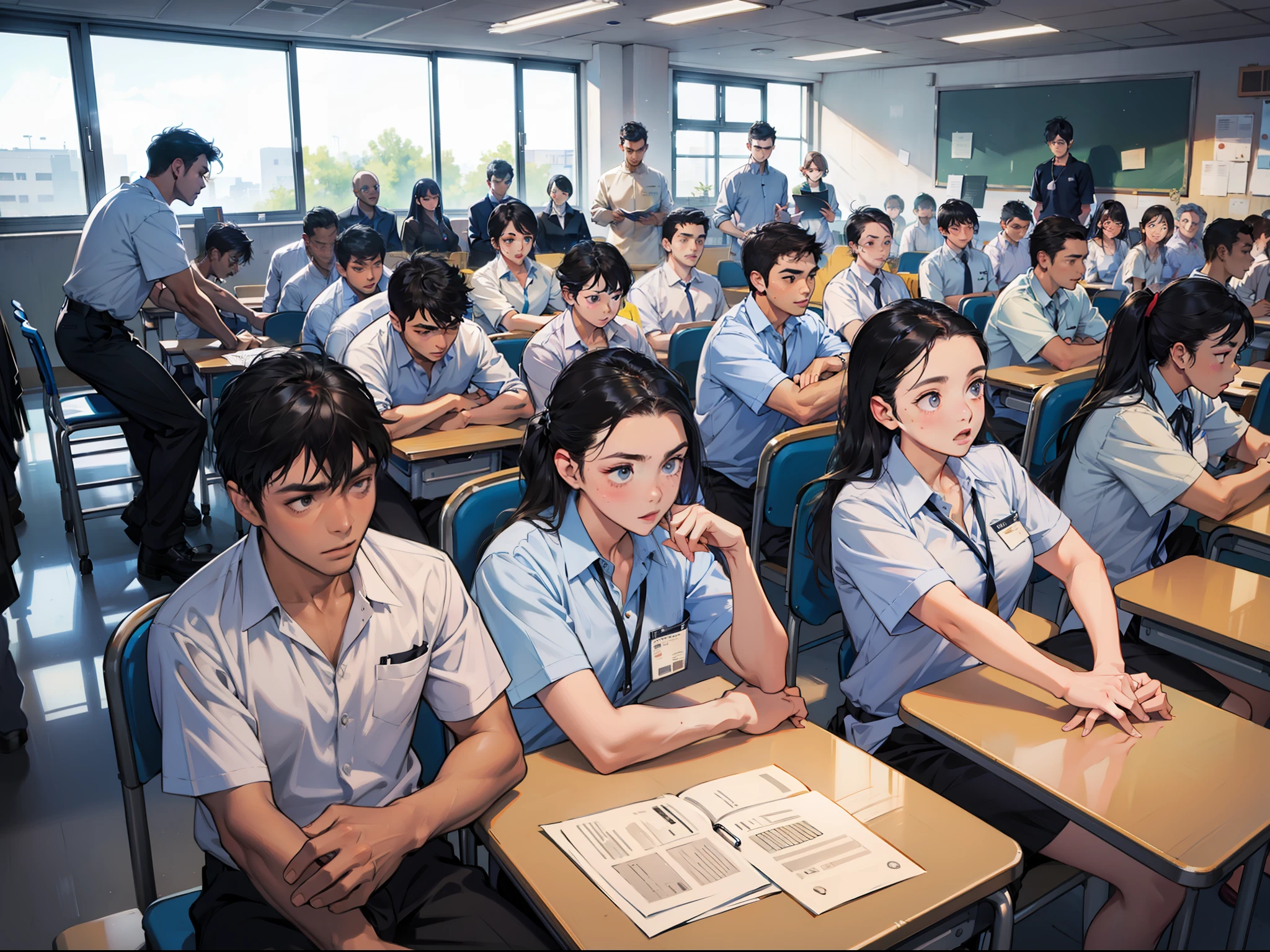 A group of students take an exam in a classroom