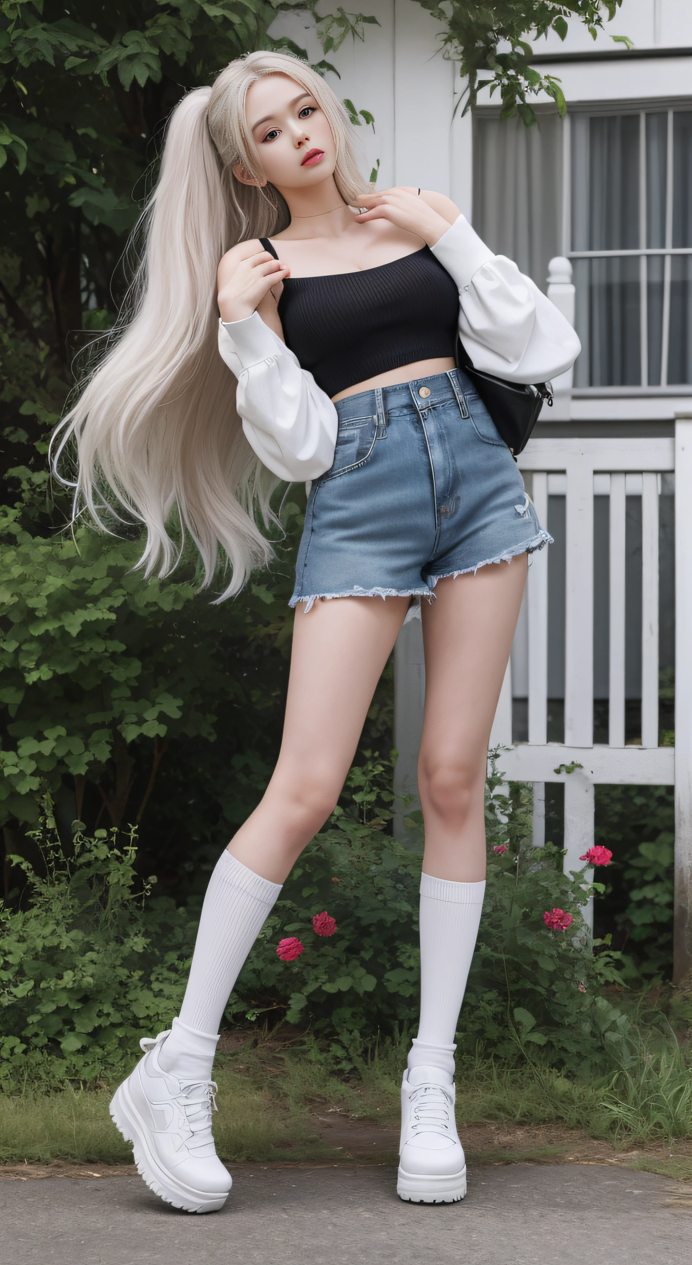 best qualtiy, Full body like，Refined face，pretty  face，25 years old woman，slimfigure，Long hair over the shoulder，Shy，Smaller bust，Harnes，Milky white calf socks，Keep your legs together，Tighten the instep，Outdoor scene，Casual gestures，