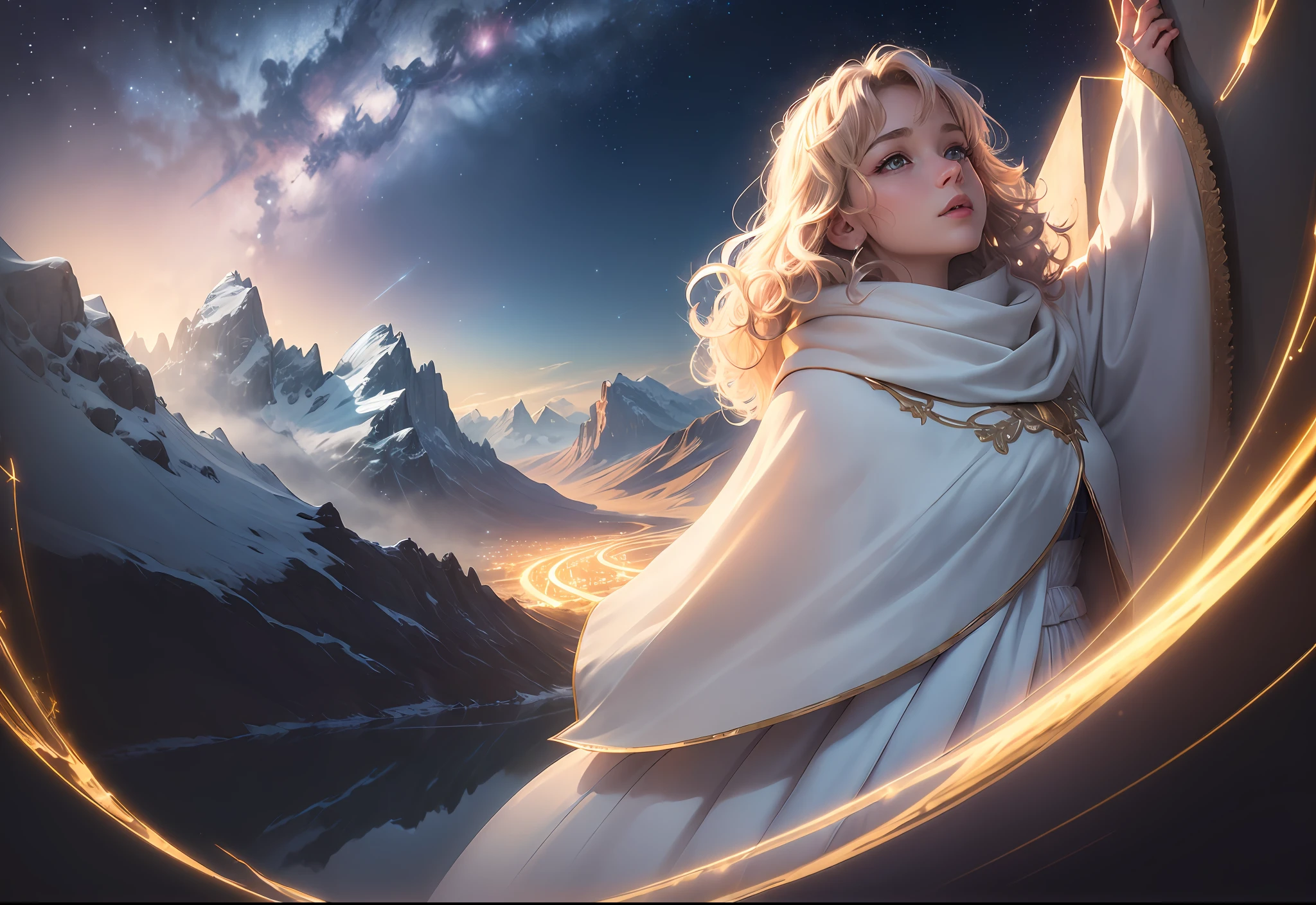 (award winning 64k concept art:1.3) of (young woman looking up standing over the valley:1.2), close to camera, in white coat, sweet, front, epic, god rays, (masterpiece:1.4), (best quality:1.4), Amazing, highly detailed, beautiful, finely detailed, warm soft color grading, (Depth of field:1.4), extremely detailed 64k, fine art, (valley in the background), stunning, (light reflections:1.2), (crisp:1.6), gold short curls, winter, vibrant, starry sky, (edge detection:1.4), absurdres, impressive, 120mm, extremely clear, lens flare, motion lines, symmetrical clothes, wide shot, wide angle