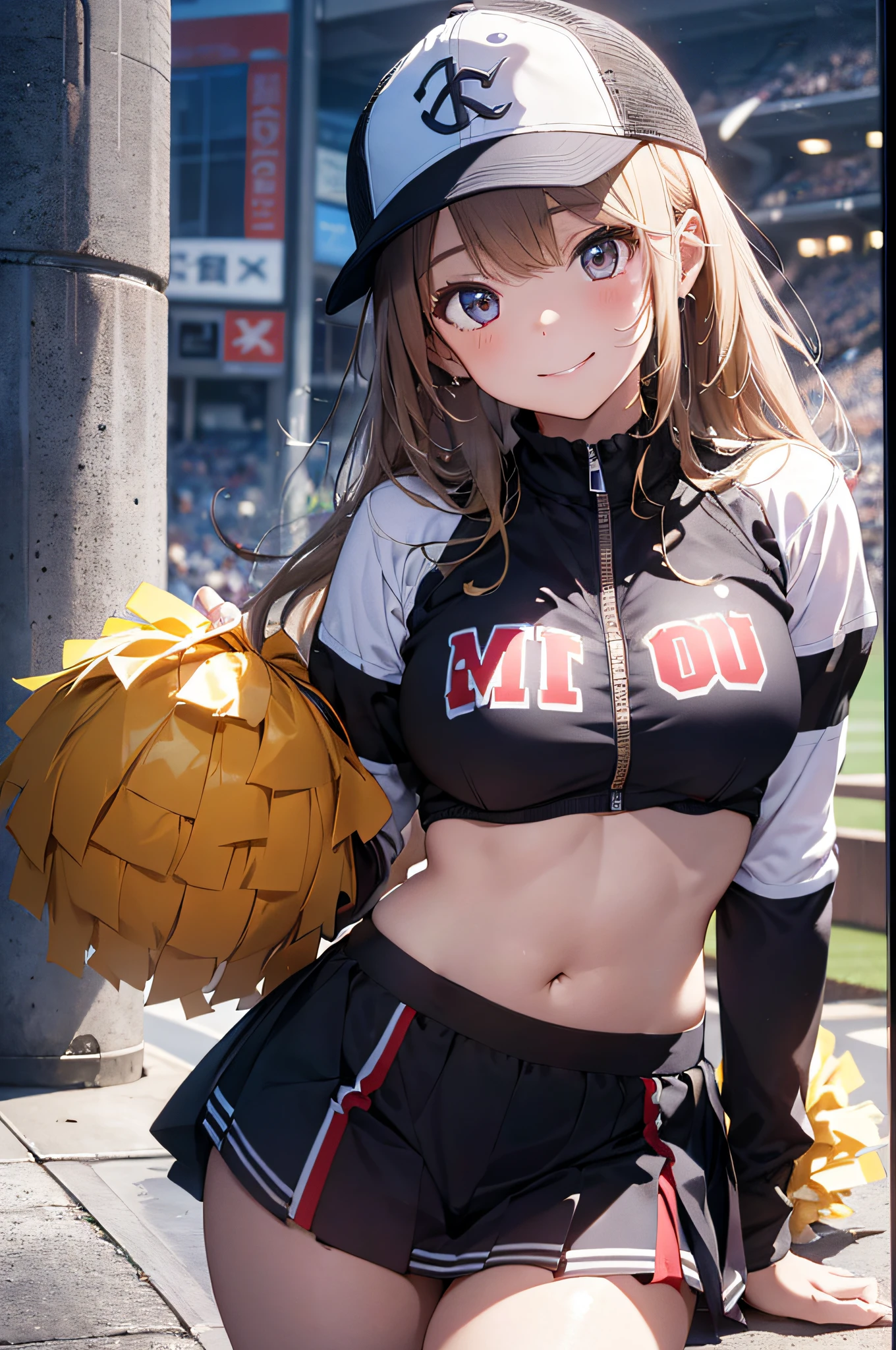 Cheerleader posing for support with big pom-poms、(stadio)、(tiny chest:1.4)、Raw photography, top-quality, hight resolution, (​masterpiece), (Photorealsitic:1.4), professional photograpy, foco nítido, nffsw, 8K分辨率, intricate detailes, depth of fields, the Extremely Detailed CG Unity 8K Wallpapers, front lit, girl with, Smile、(A slender:1.3)、(taken from the under:1.5)、(skinny thigh)、Wear a baseball cap on your head、see -through