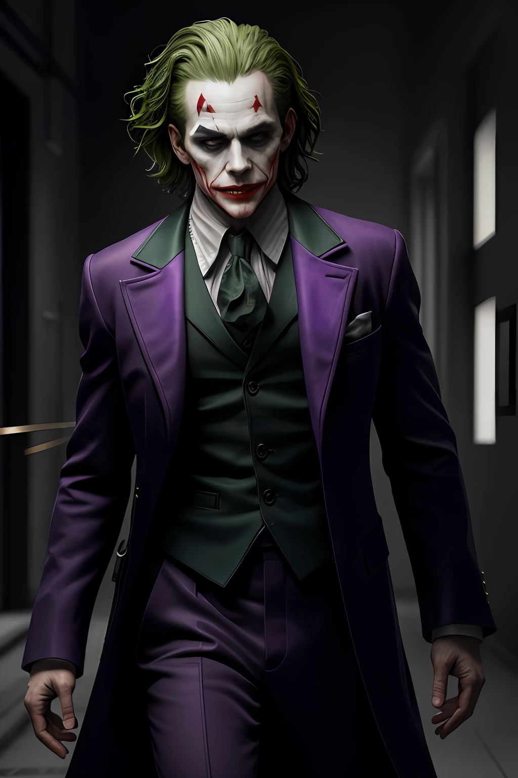 (8k, RAW photo, best quality, masterpiece:1.2), ultra detailed, official art, photo-realistic:1.37, upper body shot, DC Joker, film grain, action pose