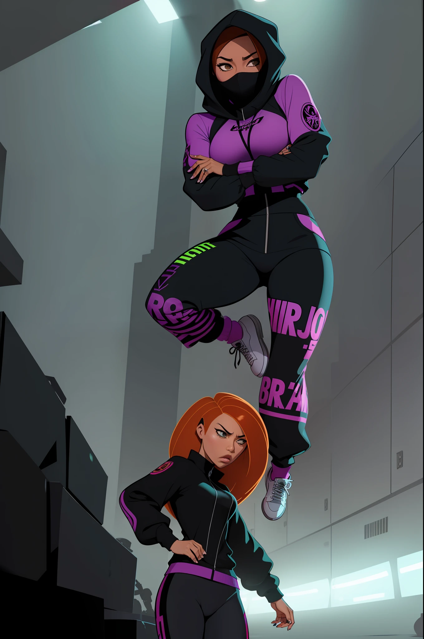kim possible females assassin hip-hop crews shrouded in thick foggy clouds badass hip-hop cheograpgy stances