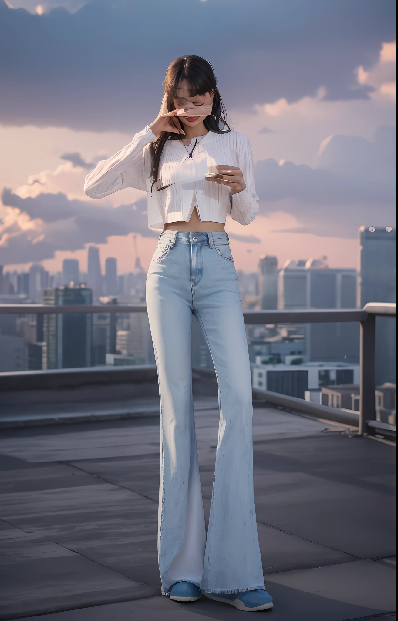 best qualtiy, tmasterpiece, full bodyesbian,(white tight t-shirt, denim pant, standing on your feet:1.2), (rays of sunshine,view over city, the roof:1.3),hyper HD, Best quality, 8K resolution image, intricate symmetrical details,