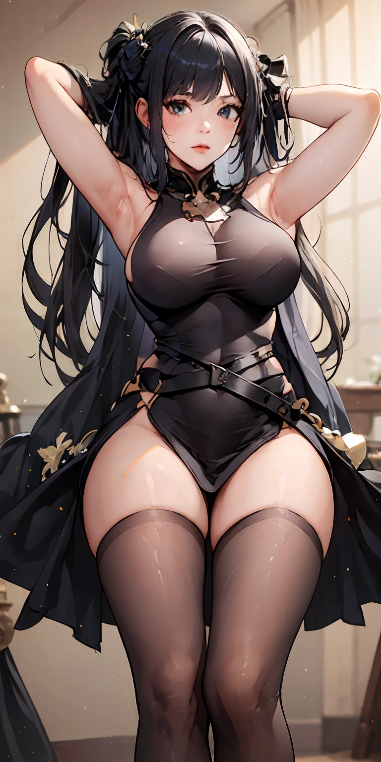 (Full body:1.2),(arms behind  head:1.5),Cinematic lighting,view the viewer,(Shiny skin:1.2),Shiny pantyhose,Beautiful face, Highly detailed,offcial art, Extremely detailed CG unity 8k wallpaper,Best quality,((巨作)),(Detailed eyes1.2),absurderes, incredible absurdity, hugefilesize,Ultra-detailed, Extremely detailed, Beautiful detailed girl, Beautiful detailed eyes,1 Girl,(独奏:1.1),kawaii,only_bshoulders,(White shirt:1.5),(Ultra short pleated skirt:1.2),((tight  garter_a belt)),(black legwear:1.2),hearts in eyes,Long hair,(White hair:1.2),Striped hair,Confusion_the hair,(Huge:1.2) breasts,the hair_bow,Collar,Thick coating,The Face of the Anime Goddess,Proud,Tight thighs,between breasts,breasts parted,(Stand:1.5),Devil figure,((Tilt the upper body forward )),( from a bottom-up perspective),Stand