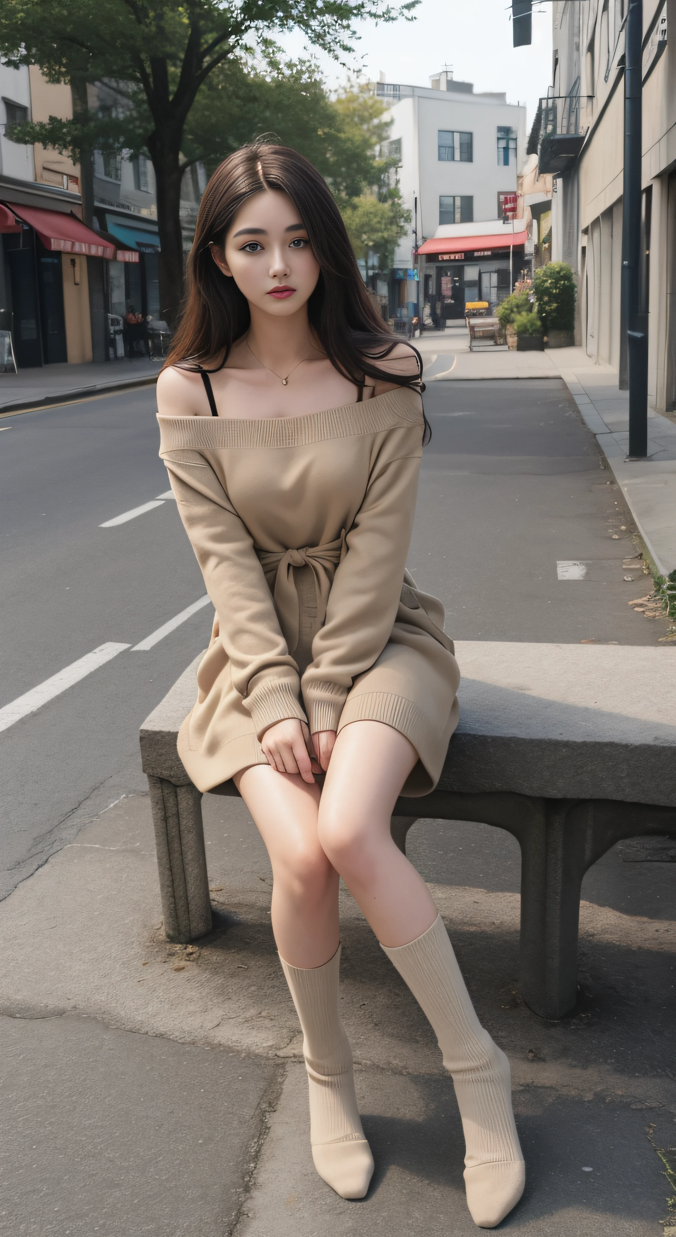 best qualtiy, Full body like，Refined face，pretty  face，25 years old woman，slimfigure，Long hair over the shoulder，Shy，Smaller bust，Harnes，Beige calf socks，The left leg is tied with a black strap 5 cm wide，warmth，Keep your legs together，Outdoor scene，Casual gestures，