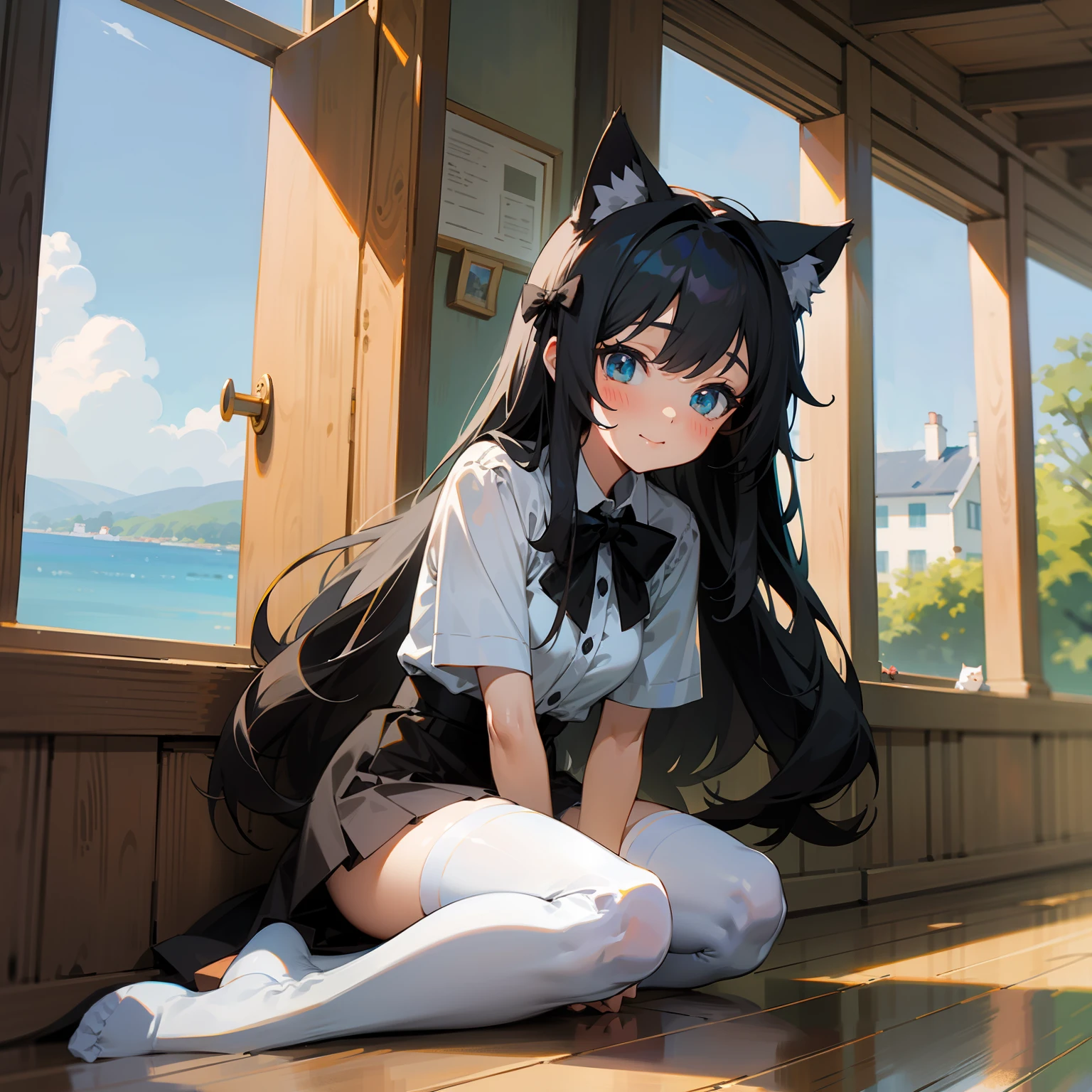 Sea side cottage in the afternoon,Cute girl with long black hair,sitting down on the floor,Wear a black bow tie,cat ear,JK,white stockings