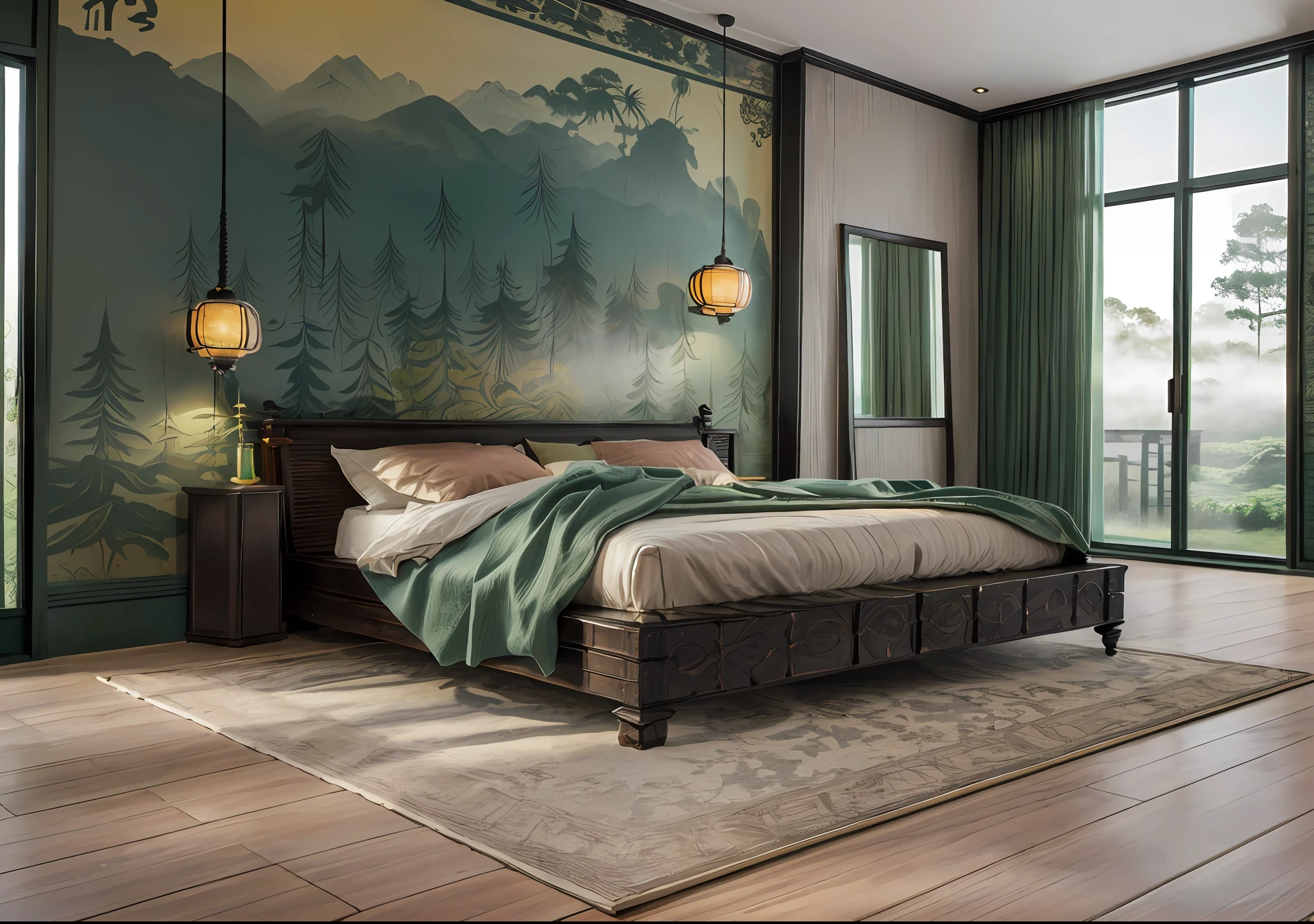 RAW photo, 8k, masterpiece, high quality, interior, indoors, natural light, bright sun, jungle view, foggy outdoor, indochine_bedroom, mirror, glass, indochine details, (indochine style:1.4), black