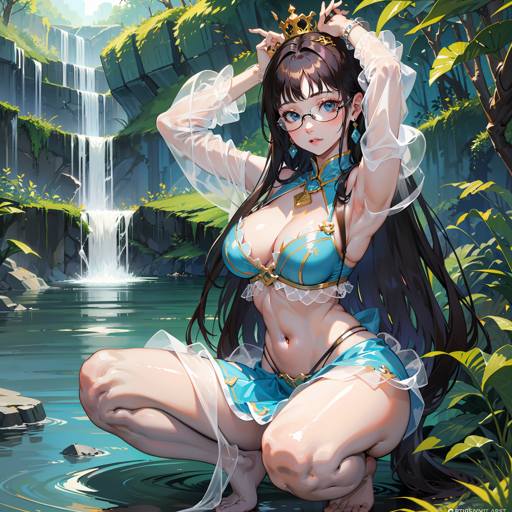 Masterpiece, highest quality, high quality, very elaborate CG Unity 8K depth field, HDR, photorealistic, very elaborate, complex, high detail, Dramatic, Midway Art, 1girl, solo, looking at the viewer, over-the-shoulder shot, full body, dynamic pose, detailed eyes, full body, very long dark hair to knees, glasses, big cheeks, arms up,  marked abdomen, small hips, large thighs, crouched, background in the jungle, short white transparent skirt, very large large chest (Tits 2.0) and uncovered with a small bra, nervous look, princess crown, blue eyes, helpless position, feet in the water