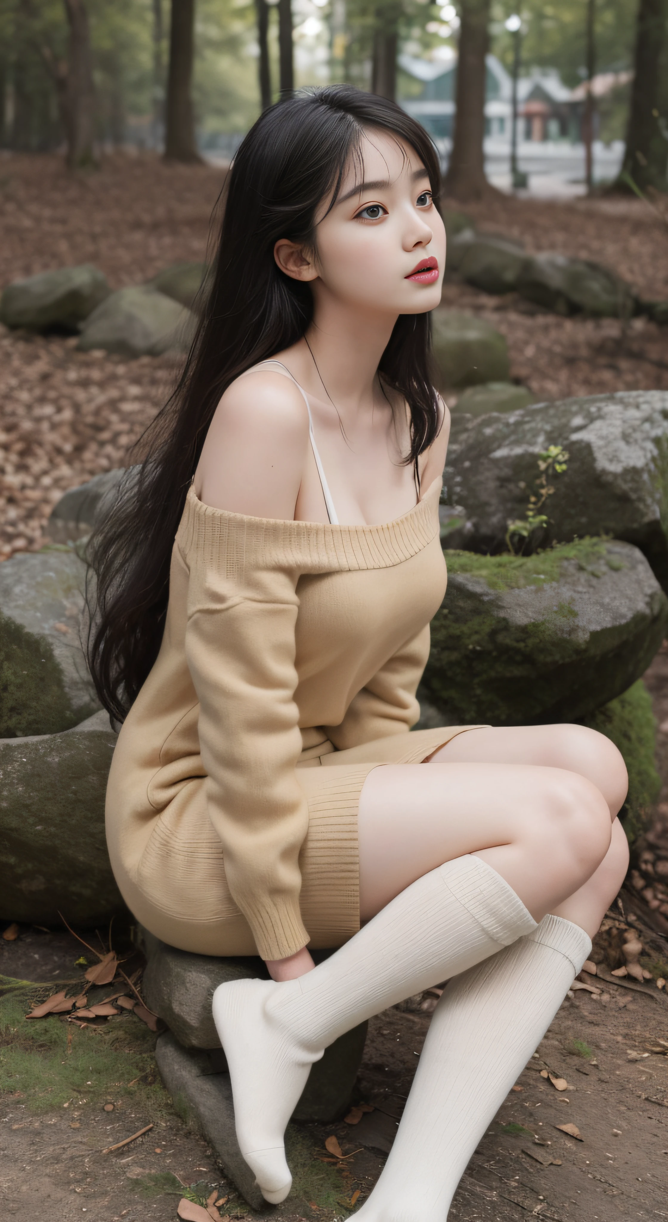 best qualtiy, Full body like，Refined face，pretty  face，25 years old woman，slimfigure，Long hair over the shoulder，Shy，Smaller bust，Harnes，Beige calf socks，The left leg is tied with a black strap 5 cm wide，warmth，Keep your legs together，Outdoor scene，Casual gestures，