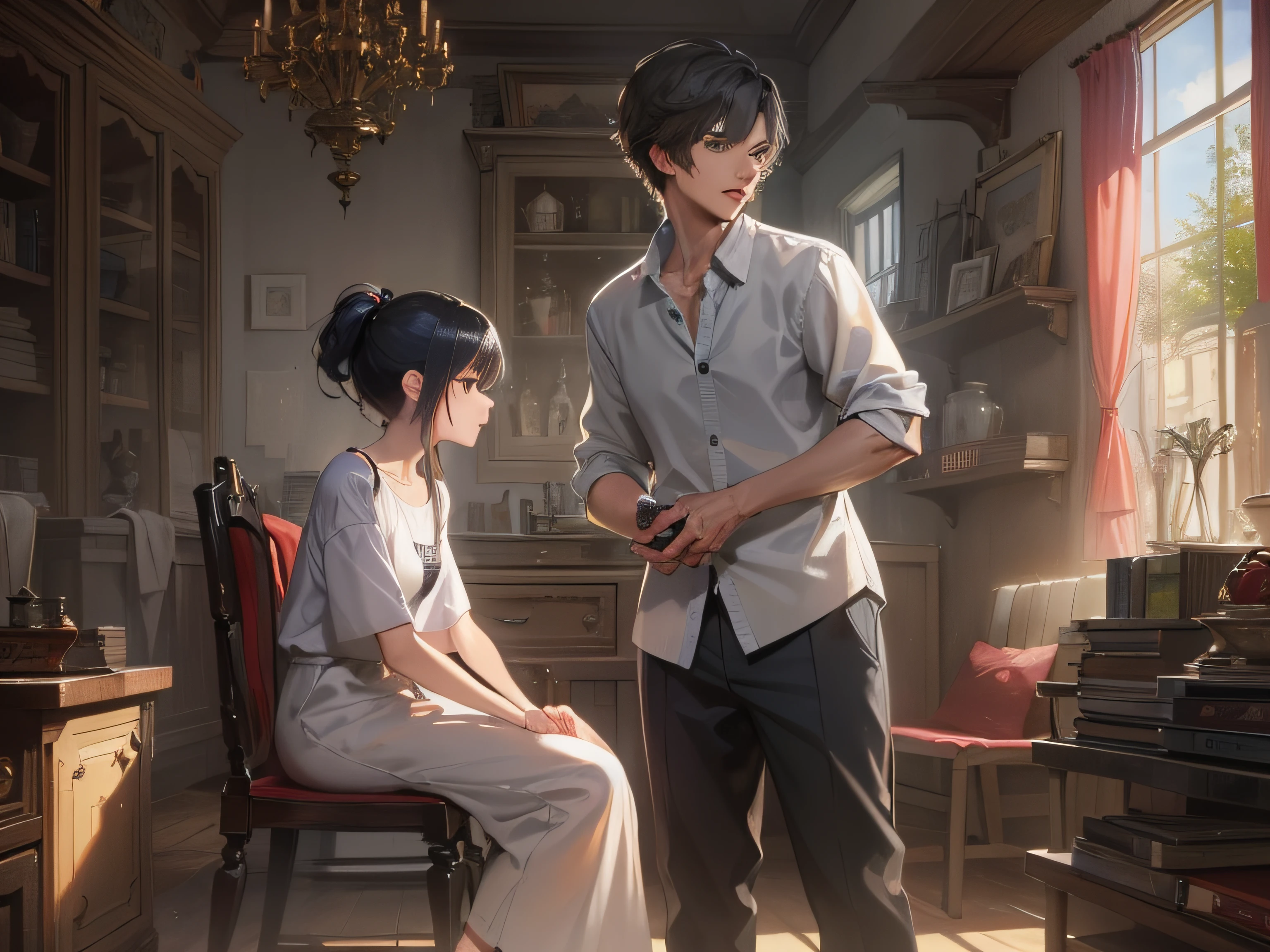 A 25-year-old young man with short black hair and shabby casual clothes,Scolding a -yeld giwith short silver hair and white half-sleeves,Facial expression 処horizontal,Inside the house,grand master,tmasterpiece,8k wallpaper,CG,Ultra-high image quality,light and shadow effect