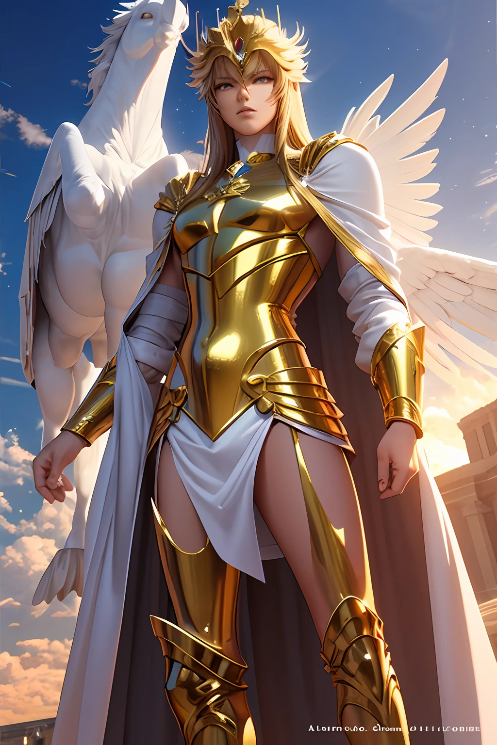 Gold Saint Seiya,The male,Pegasus Holy Vestment,largeeyes,Heteropupil,anime cg art, anime styled 3d,tmasterpiece