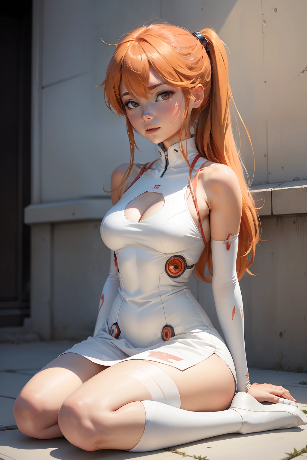 Painting of a woman in a white dress sitting on the ground, sketchy artstyle, Asuka Langley Souryu, biomechanical oppai, Asuka Langley, digital sketch, by Yoshihiko Wada, Asuka Langley Soryu, Asuka Langley Souryu, clip studio paint, painted in anime painter studio, Asuka, made with anime painter studio
