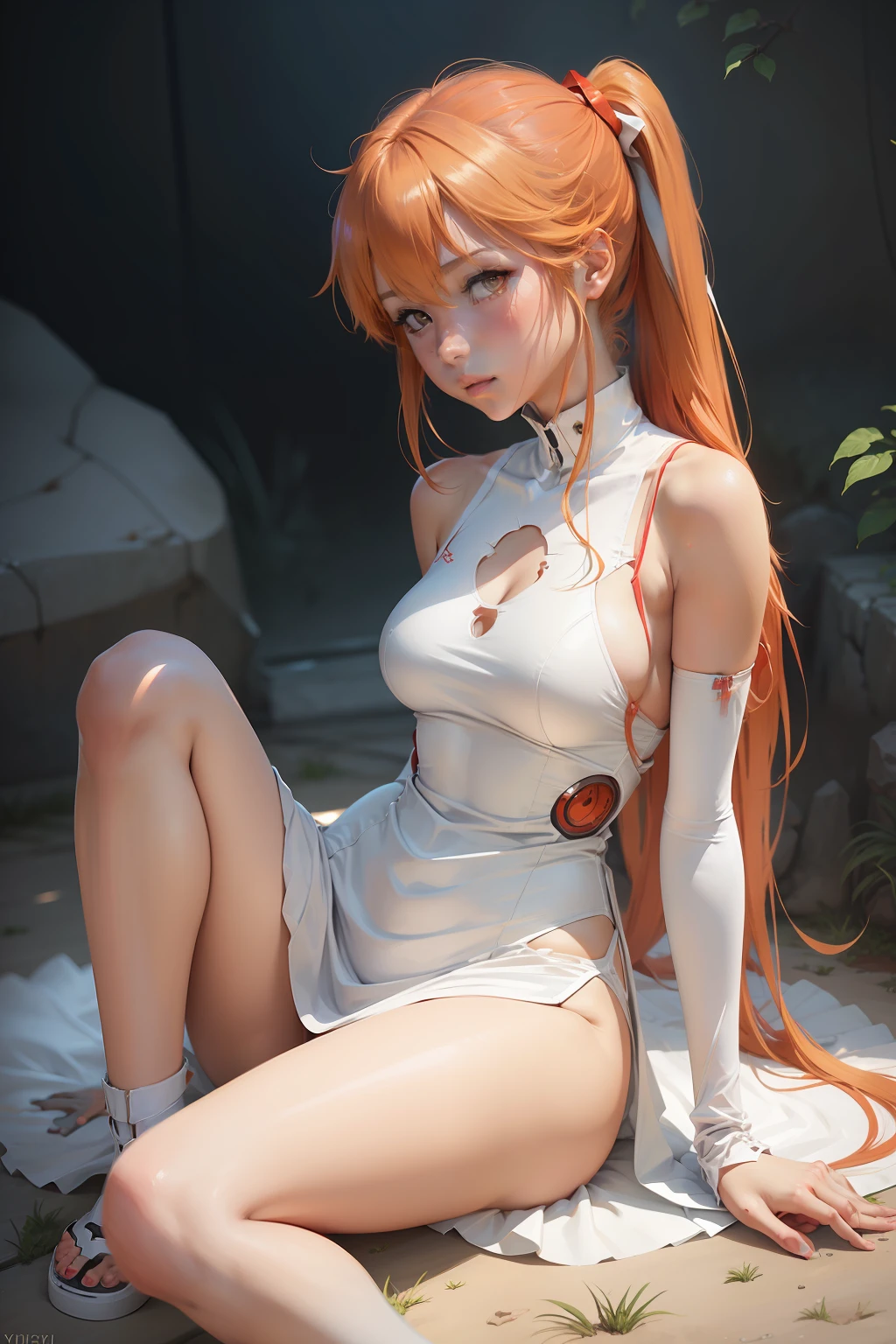Painting of a woman in a white dress sitting on the ground, sketchy artstyle, Asuka Langley Souryu, biomechanical oppai, Asuka Langley, digital sketch, by Yoshihiko Wada, Asuka Langley Soryu, Asuka Langley Souryu, clip studio paint, painted in anime painter studio, Asuka, made with anime painter studio