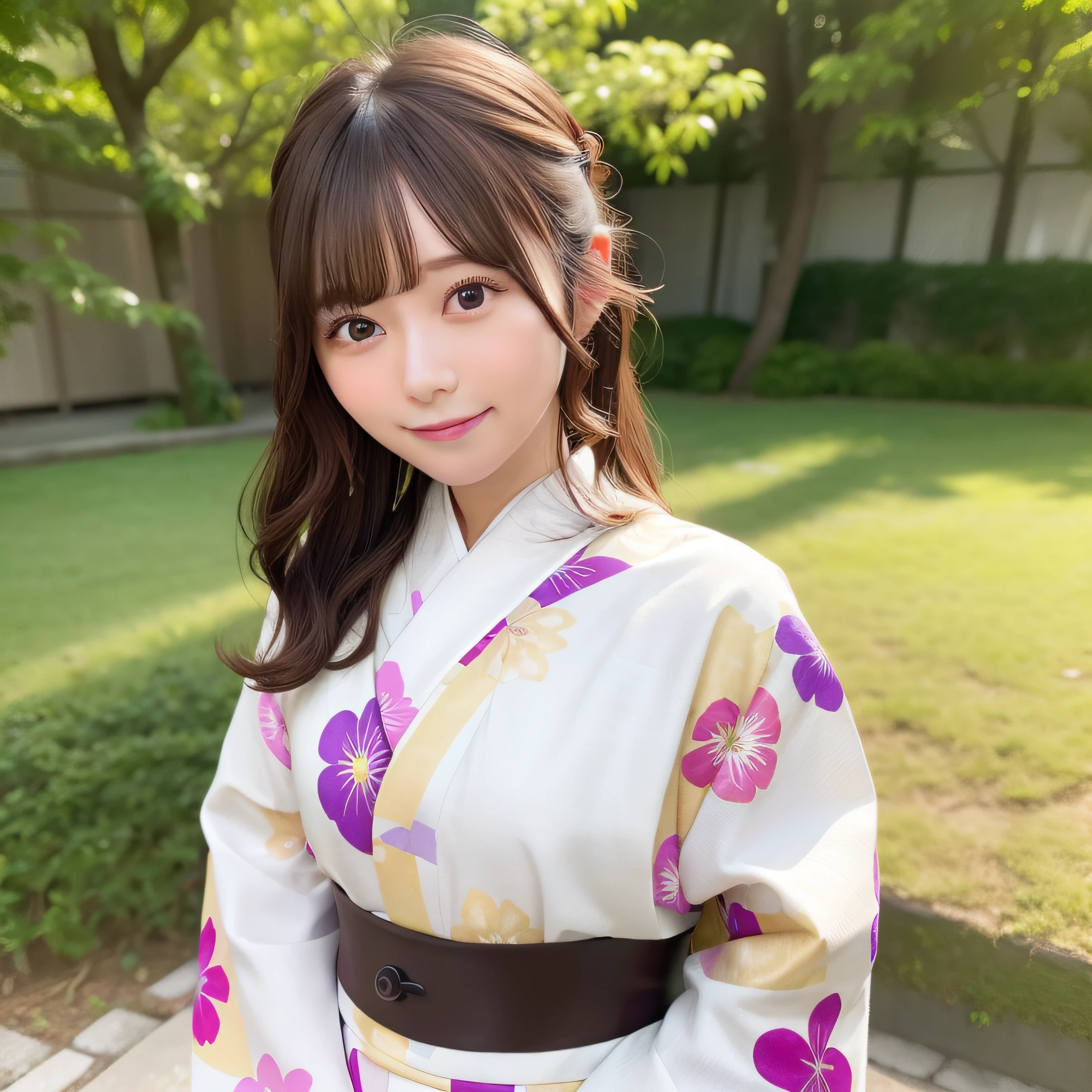 8K、Raw photo、Best Quality、 top-quality:1.1、 ​masterpiece:1.3、超A high resolution、nogizaka、Yukata with colorful and vivid patterns:1.5、Cute yukata、Summer Festivals:1.2、1日本人の女の子、 Cute、 (Upper knees:1.5, from a:0.7:0.7)、 natural skin textures:1.1, realistic eyes and face details:1.3, Full lips,(Background is blurry:1.4)、 (Shy smile)、Fluffy yukata obi、 (Dark brown eyes), Smooth skin, (Brown medium hair,Bangs), (touch hair:1.4)、full bodyesbian、is standing、food stand、Uchiwa