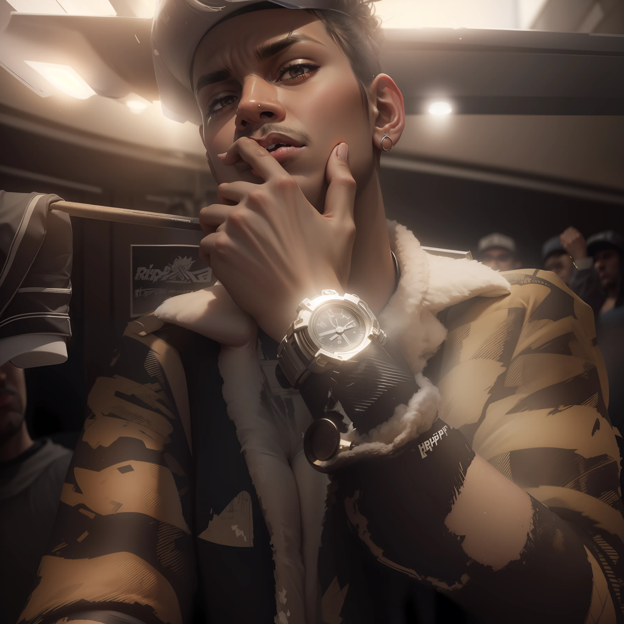 Change background hip-hop type written "kharagpur hip-hop" in background , realistic face, 8k, ultra realistic