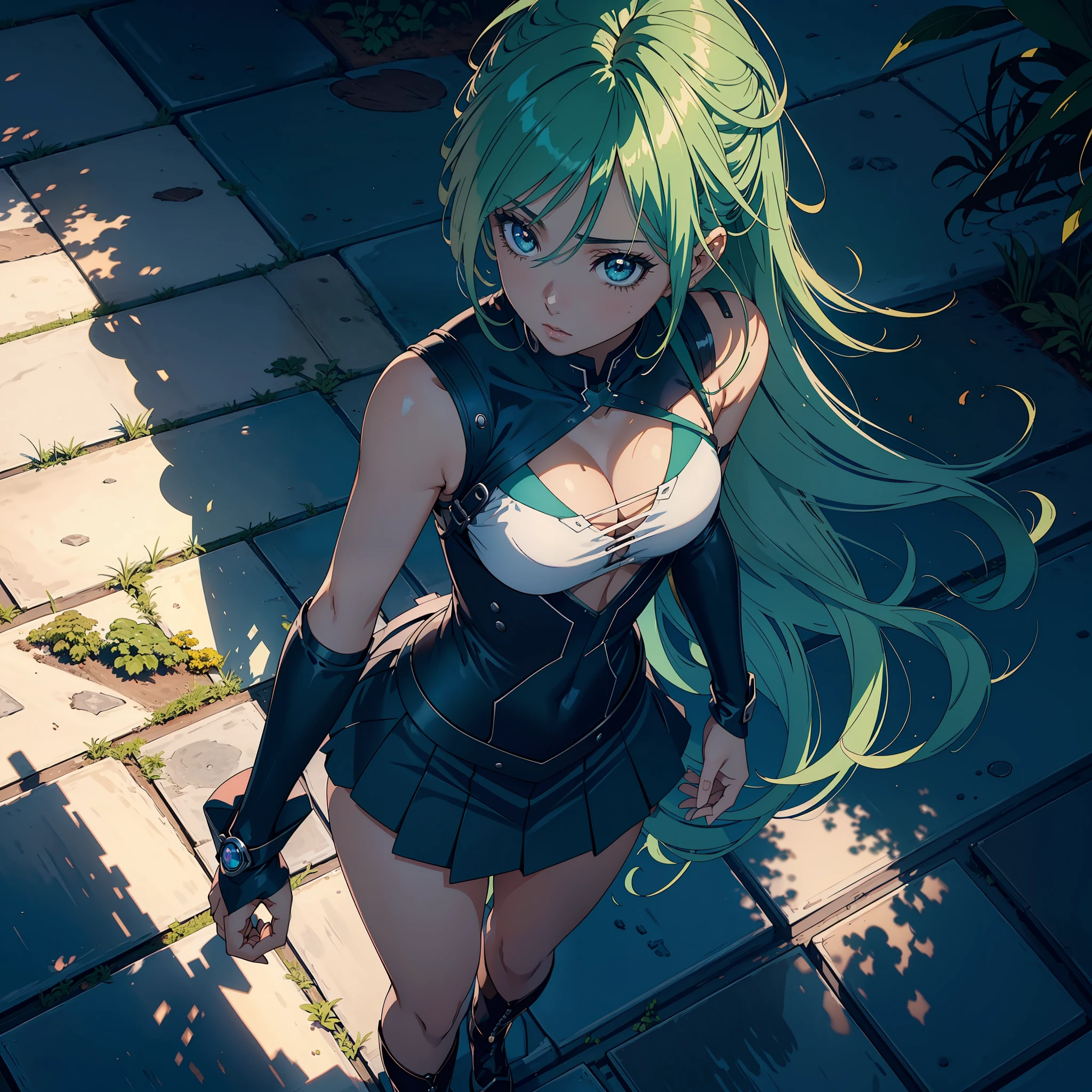 "(1 mulher bonita), sedutora, cabelo azul, (olhos verdes), roupa escolar, (Estilo anime 8k), (imagem ultra detalhada), (Stunning building), (corpo meticulosamente detalhada, with amazing textures and shadows)"