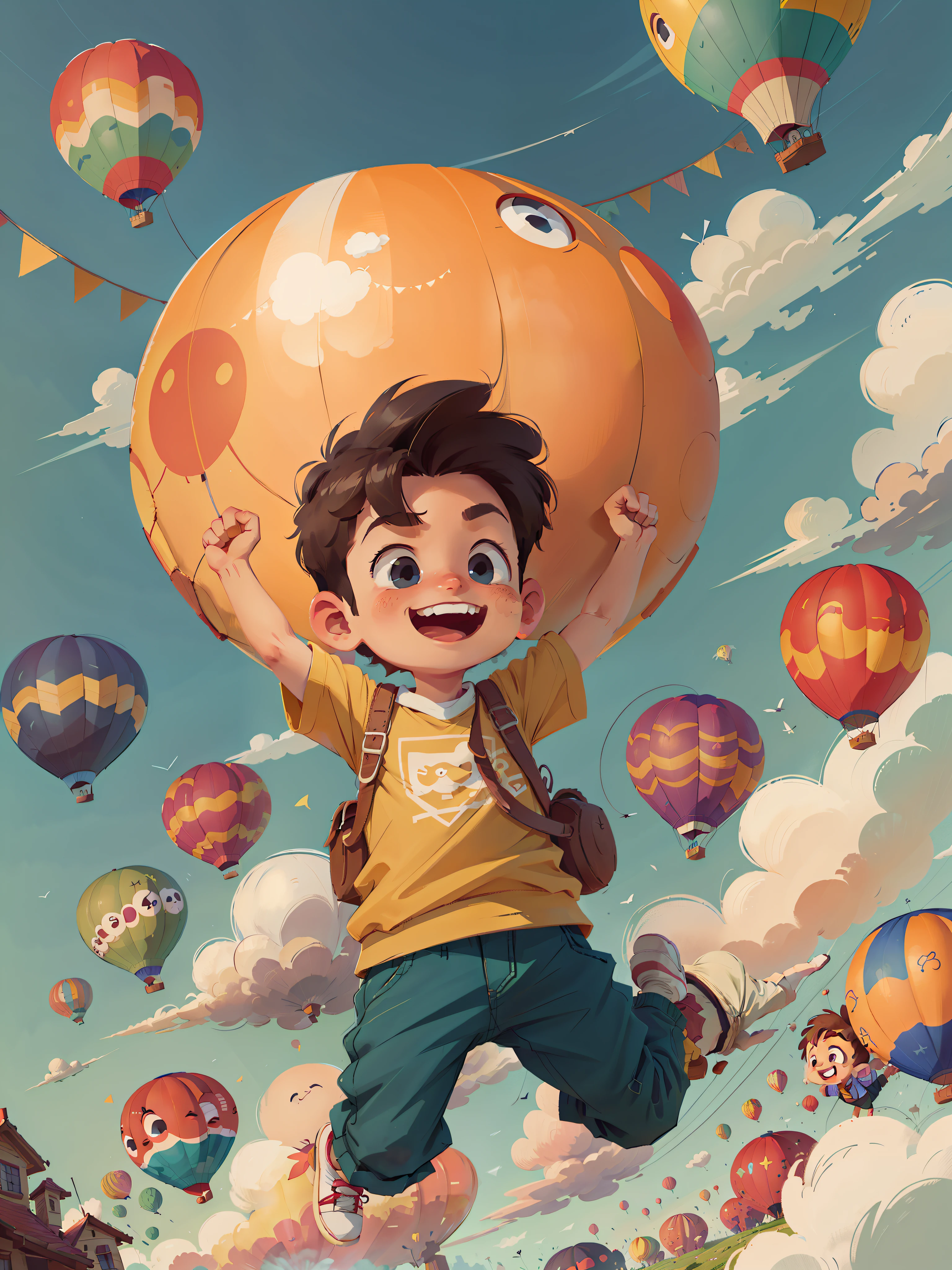 Boy flying inside a hot air balloon with colorful animated sky background and happy boy having fun