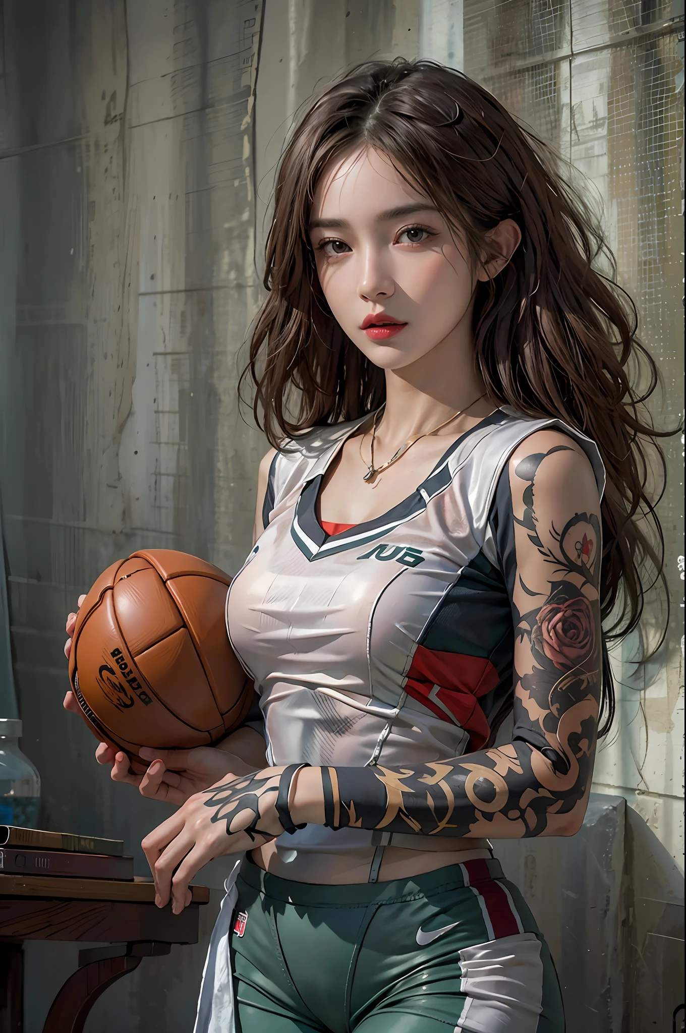photorealistic, high resolution, 1women, solo, hips up, look at viewer, (detailed face), wavy hair, football uniform, tattoo, jewelry