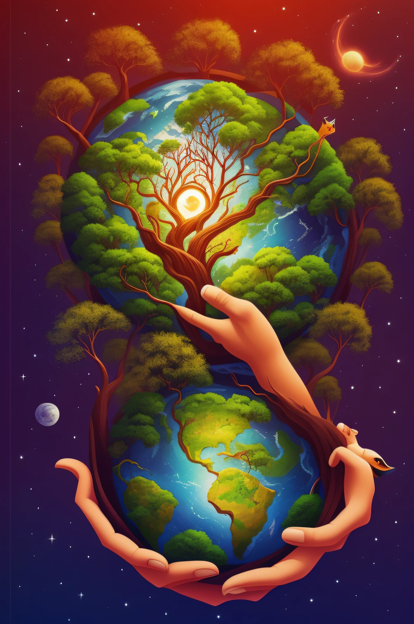 In the middle of the universe there is an earth's center that is the heart,Rooted in arteries,Man lifts the earth with his hands,Animals living on earth stylized digital illustration
