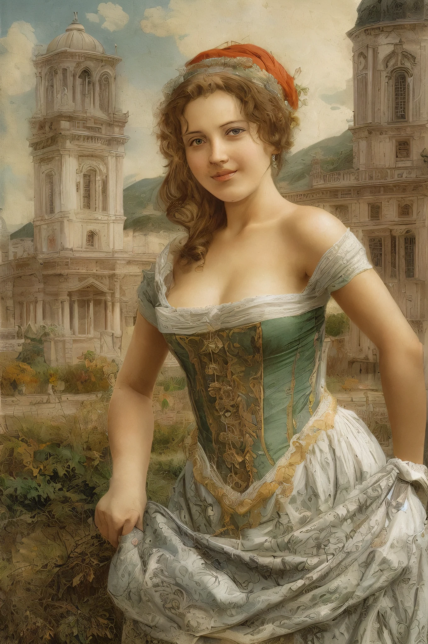 [beste-Qualit, tmasterpiece, extra high resolution, photo-realistic, in the style of pin-up, 1girl, off-shoulder, ssmile:20]Background, intricate Renaissance landscape, higly detailed, Impression:0.2