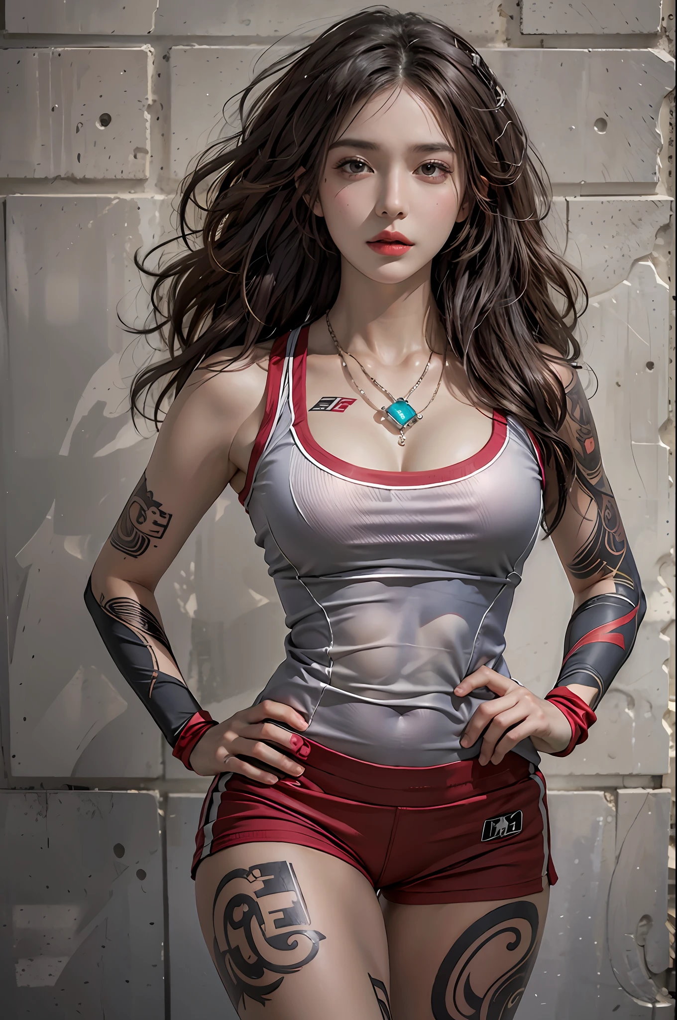 photorealistic, high resolution, 1women, solo, hips up, look at viewer, (detailed face), wavy hair, football uniform, tattoo, jewelry