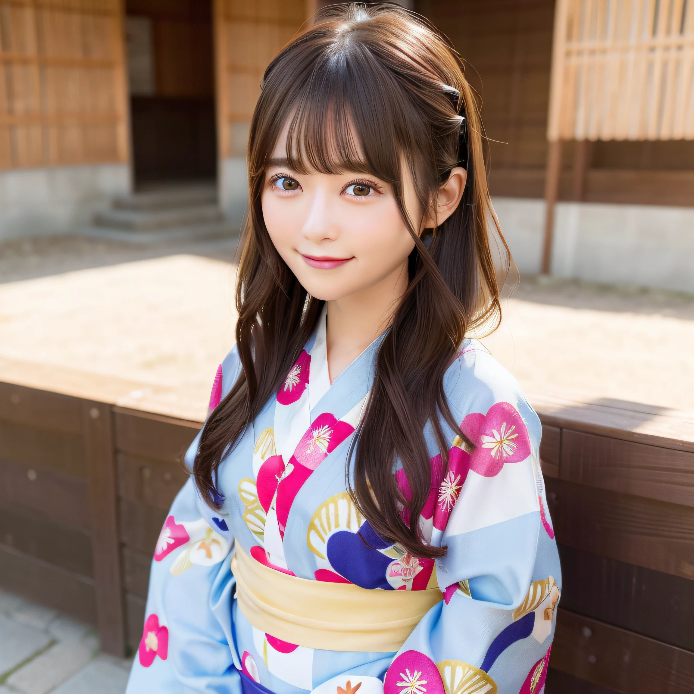 8K、Raw photo、Best Quality、 top-quality:1.1、 masterpiece:1.3、超A high resolution、nogizaka、Yukata with colorful and vivid patterns:1.5、Cute yukata、Summer Festivals:1.2、1日本人の女の子、 Cute、 (Upper knees:1.5, Side from:0.8)、 natural skin textures:1.1, realistic eyes and face details:1.3, Full lips,(Background is blurry:1.4)、 (Shy smile)、Fluffy cute yukata obi:1.2、 (Dark brown eyes), Smooth skin, (Brown medium hair,Bangs), (touch hair:1.4)、full bodyesbian、is standing、food stand、Uchiwa