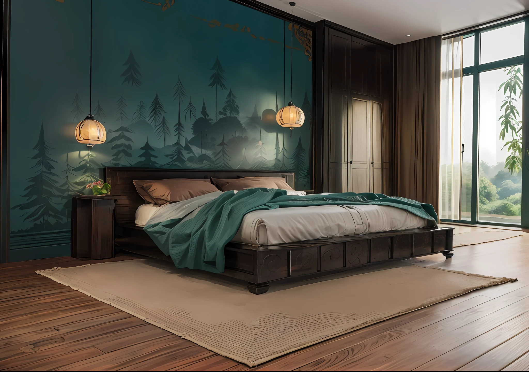 RAW photo, 8k, masterpiece, high quality, film grain, Fujifilm XT3, (very realistic), interior, indoors, bedroom in the forest, soft light, bright sun, jungle view, soft foggy outdoor, indochine_bedroom, darken wood, glass, indochine details, (indochine style:1.4), black