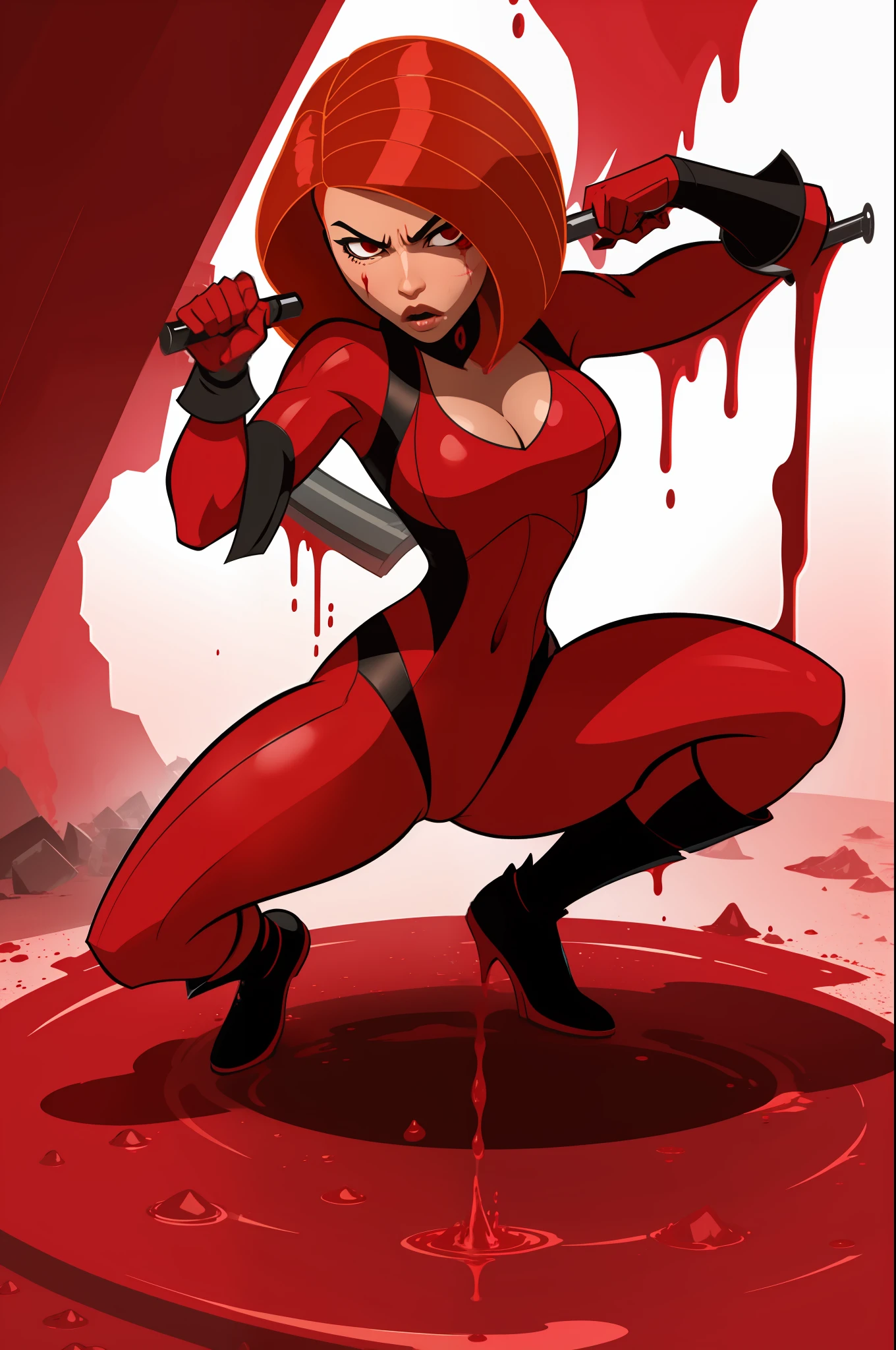 kim possible blooded red liquid female assassin soaked in blood Bath victory pose