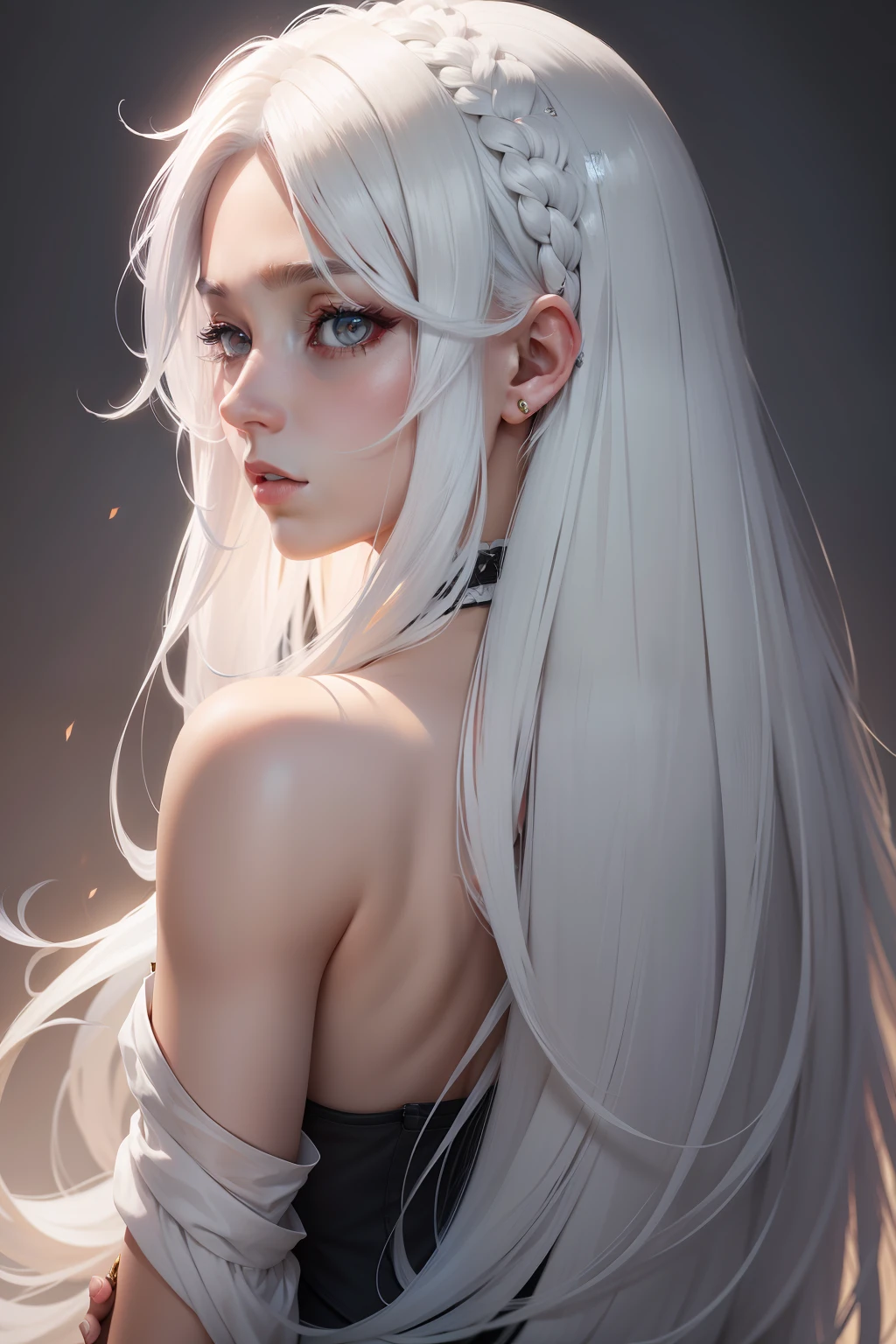 white hair, gradient hair, hair over shoulder, long hair, hair over one eye, 8k, best quality, textured skin, super detail, UHD, masterpiece